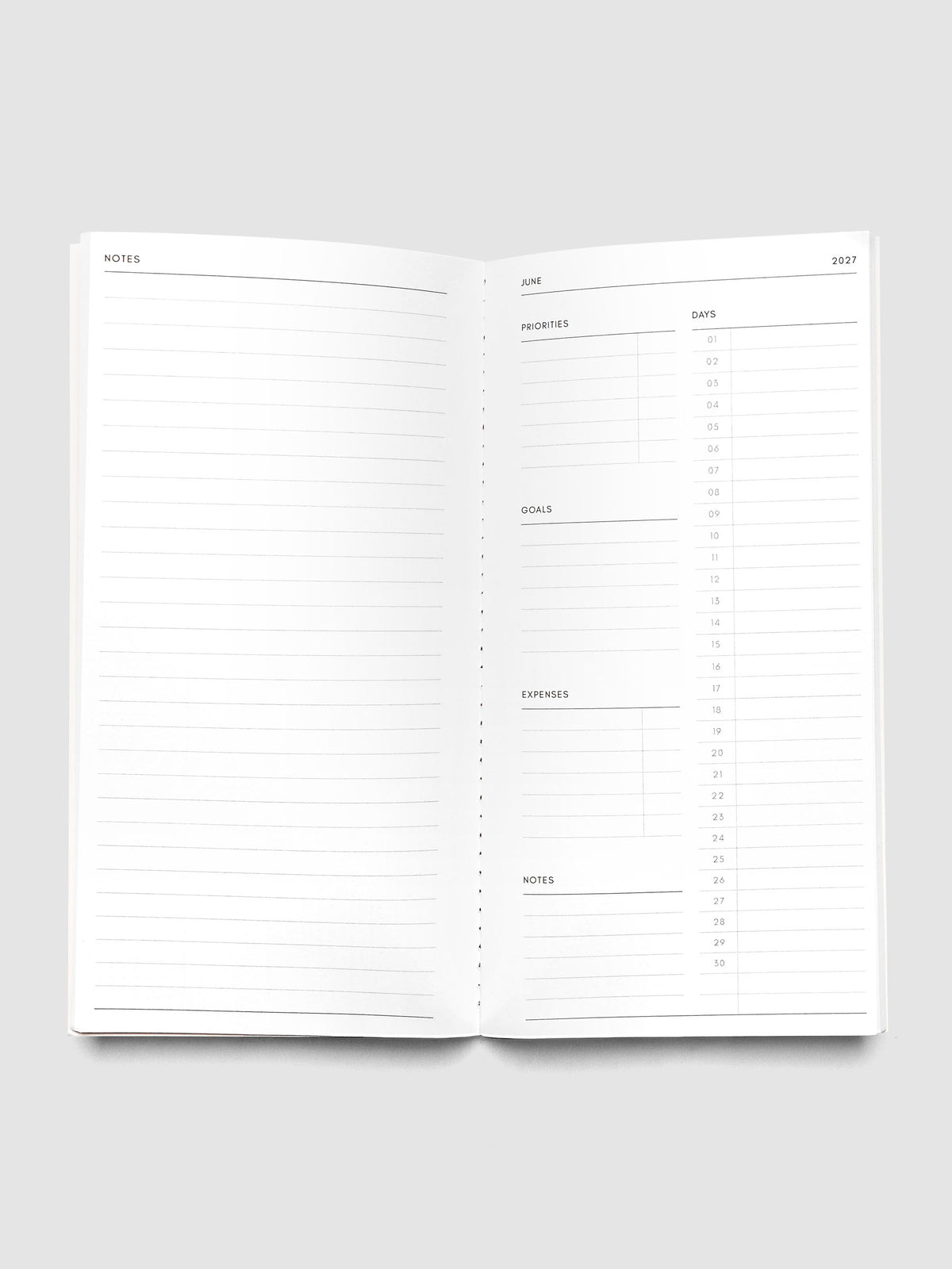Open 2027 Dated Travel Notebook Monthly in A5 Slim size showing the full monthly overview spread, with a notes page on the left and priorities, days, goals, expenses, and a notes section on the right