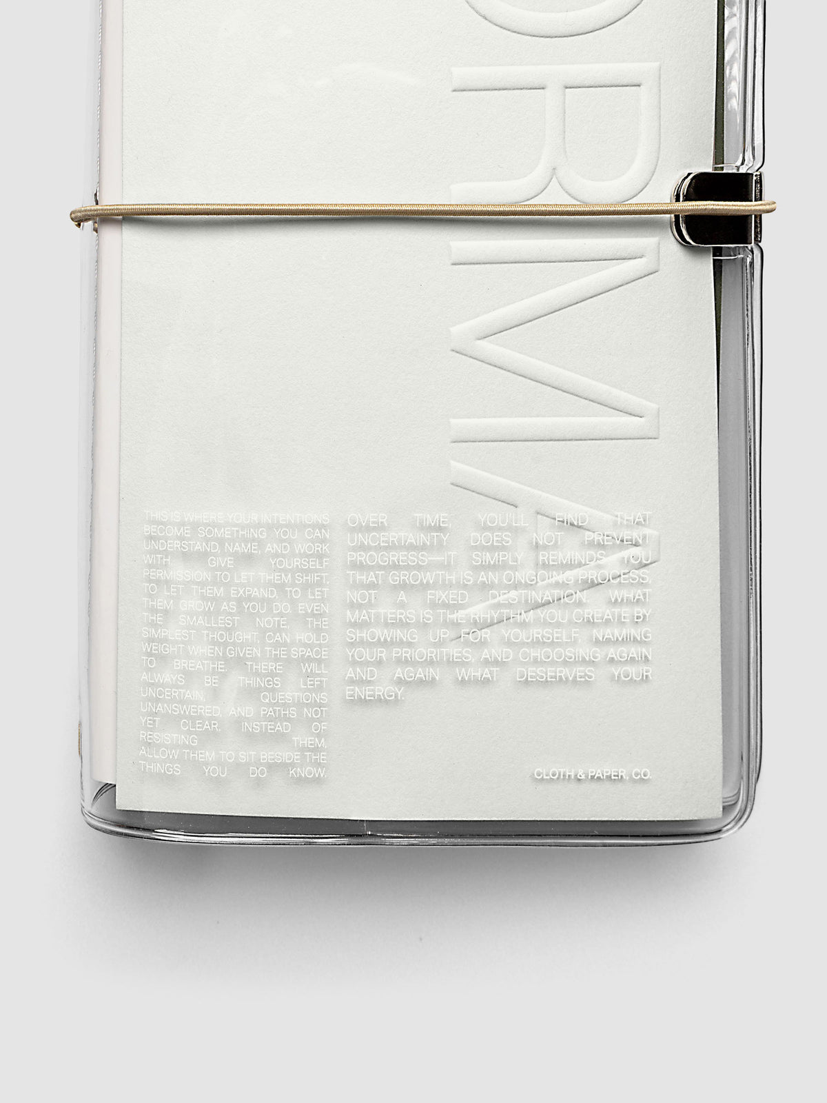 Detail view of screen printed text on the FORMA Travel Notebook cover.
