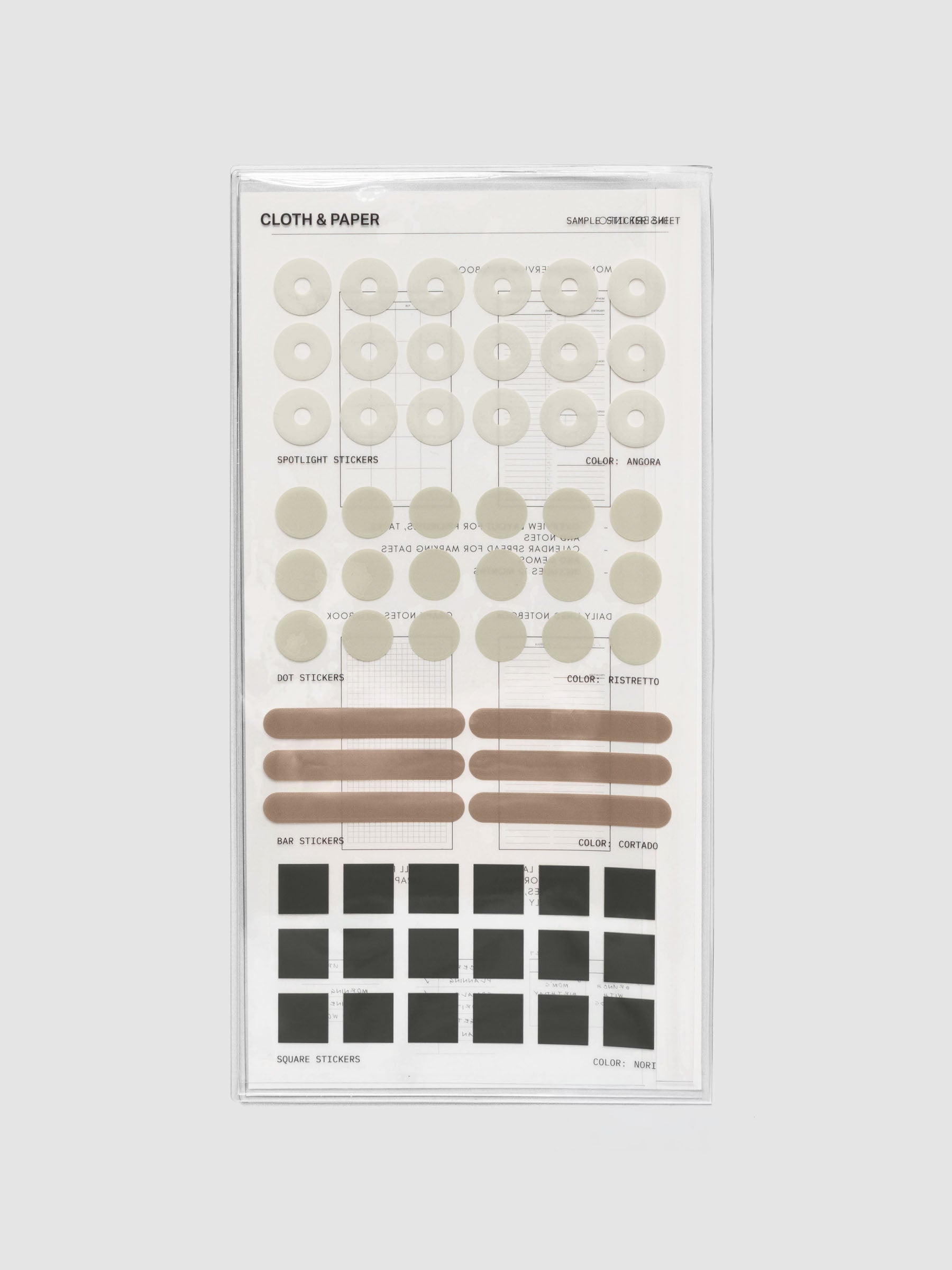 An a5 slim sized sticker sheet with spotlight, dot, bar, and square stickers in various colors.