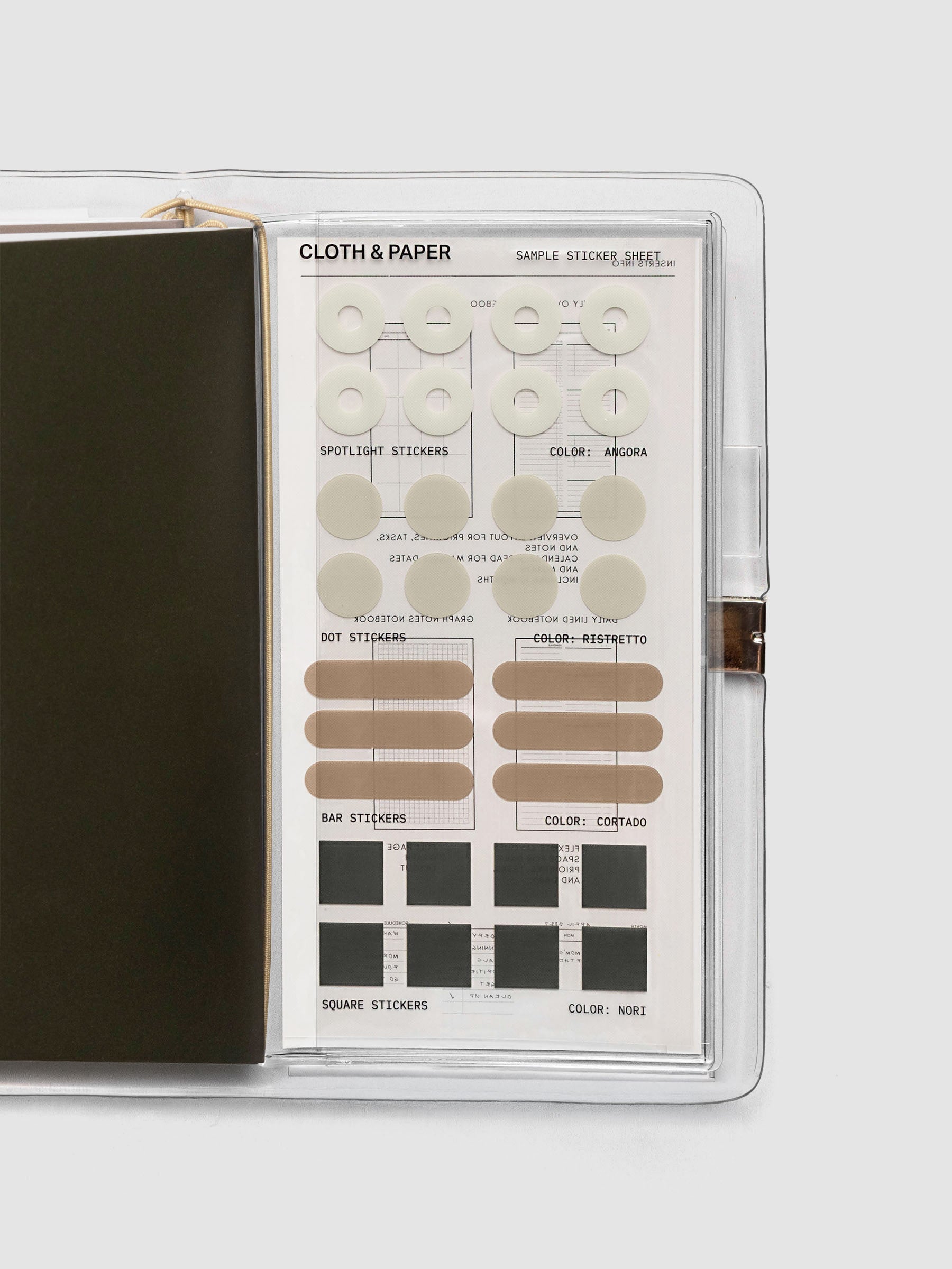 A pocket plus sized sticker sheets with spotlight, dot, bar, and square stickers in various colors.