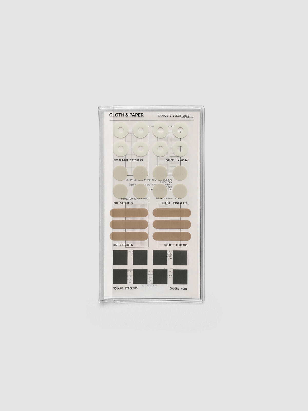 A pocket plus sized sticker sheets with spotlight, dot, bar, and square stickers in various colors.