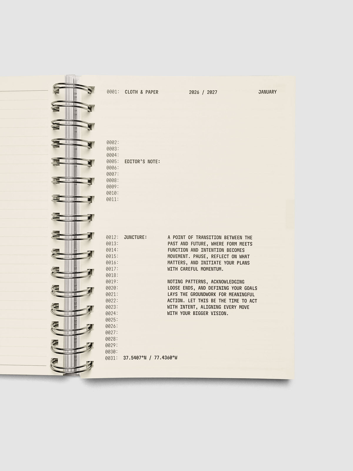 Cream monthly intro page with black typographic design featuring a quote and numerical month detail, from the 2026–2027 Weekly Horizontal Academic Planner A5 Spiral