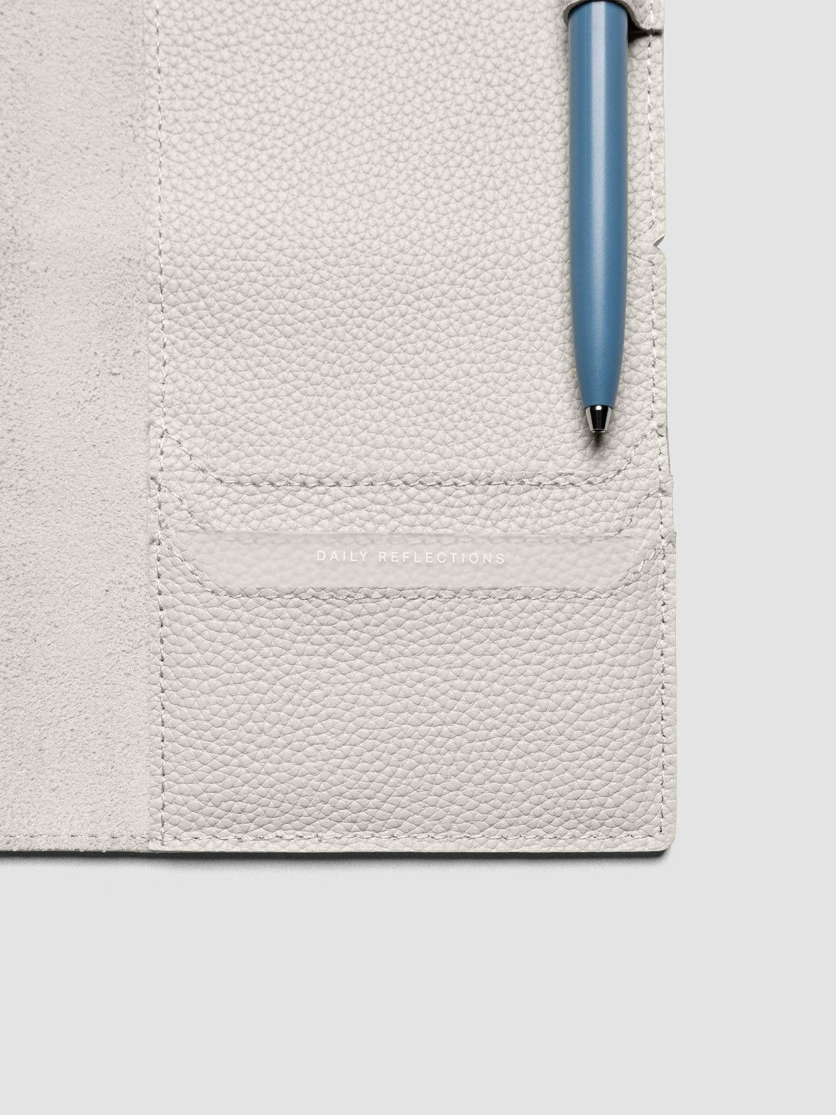 Light grey leather travel notebook cover in size A5 Slim showing interior credit card pockets.