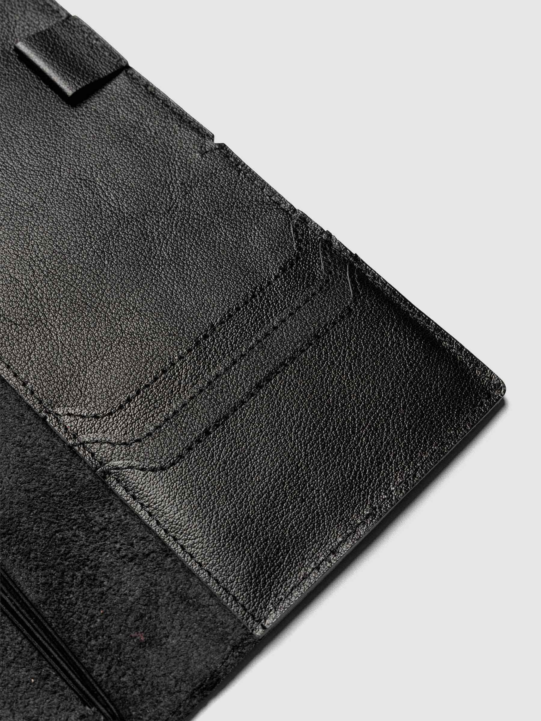 Black leather travel notebook cover in size A5 Slim shown open with interior pockes and elastic bands.
