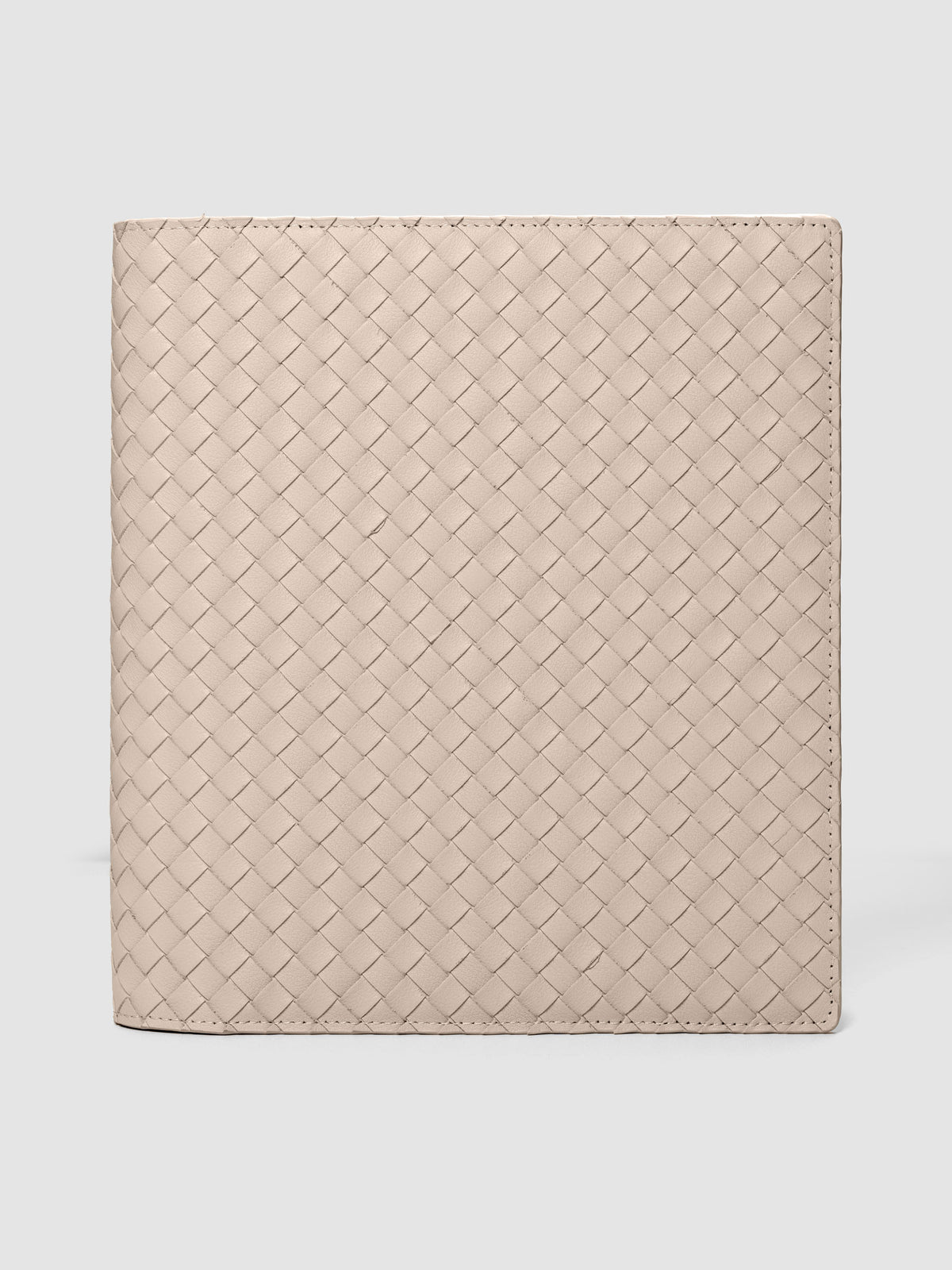 Beige genuine leather woven leather folio sized for HP Classic planners.