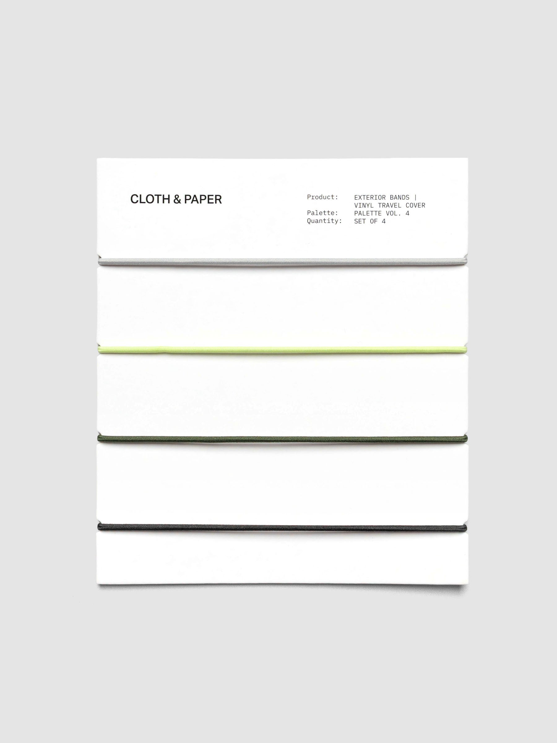 Set of four exterior elastic cover bands—grey, green, and black—on packaging card.