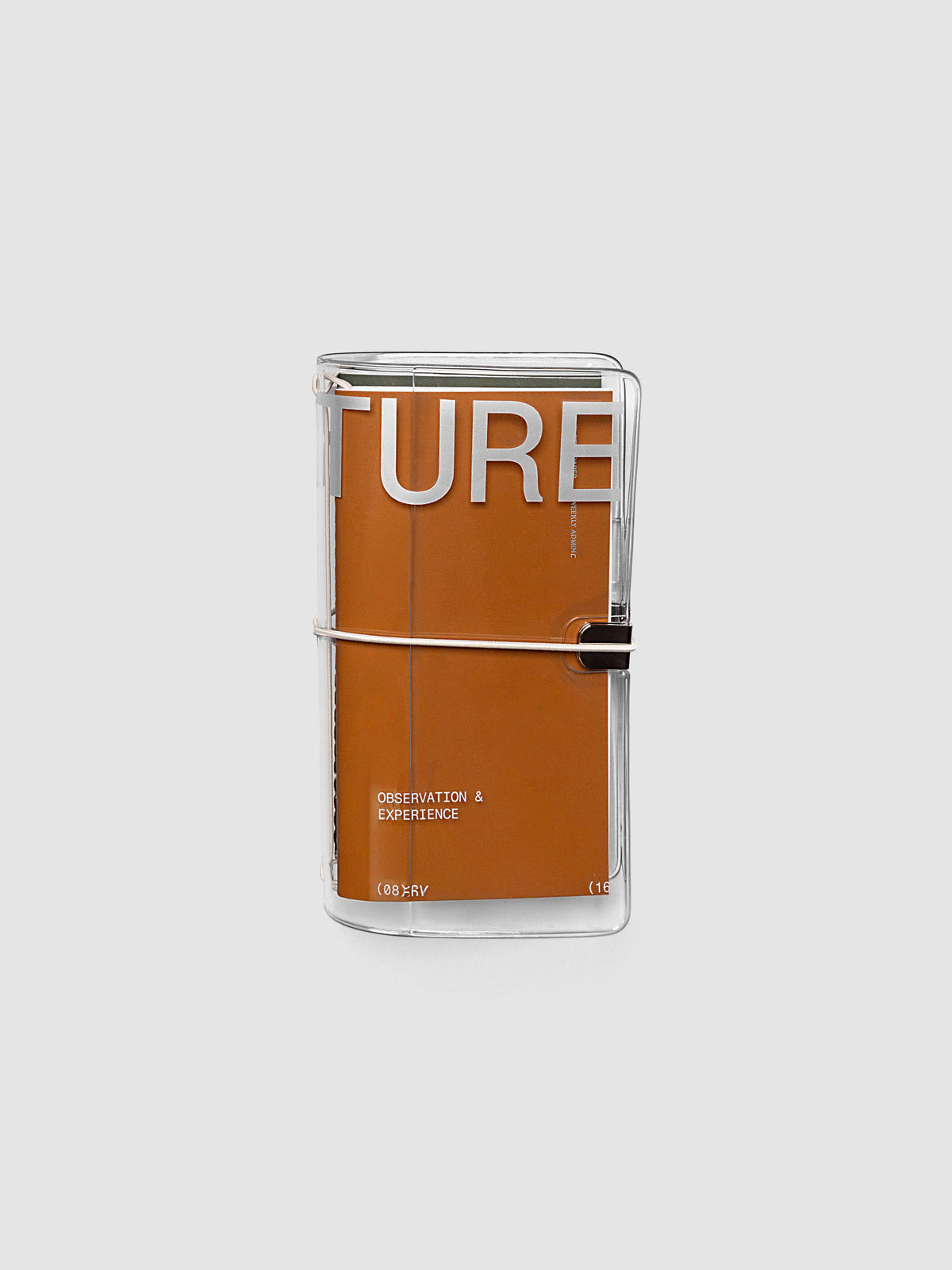 Aperture Travel Notebook Cover in clear vinyl with grey bands, shown holding travel notebooks