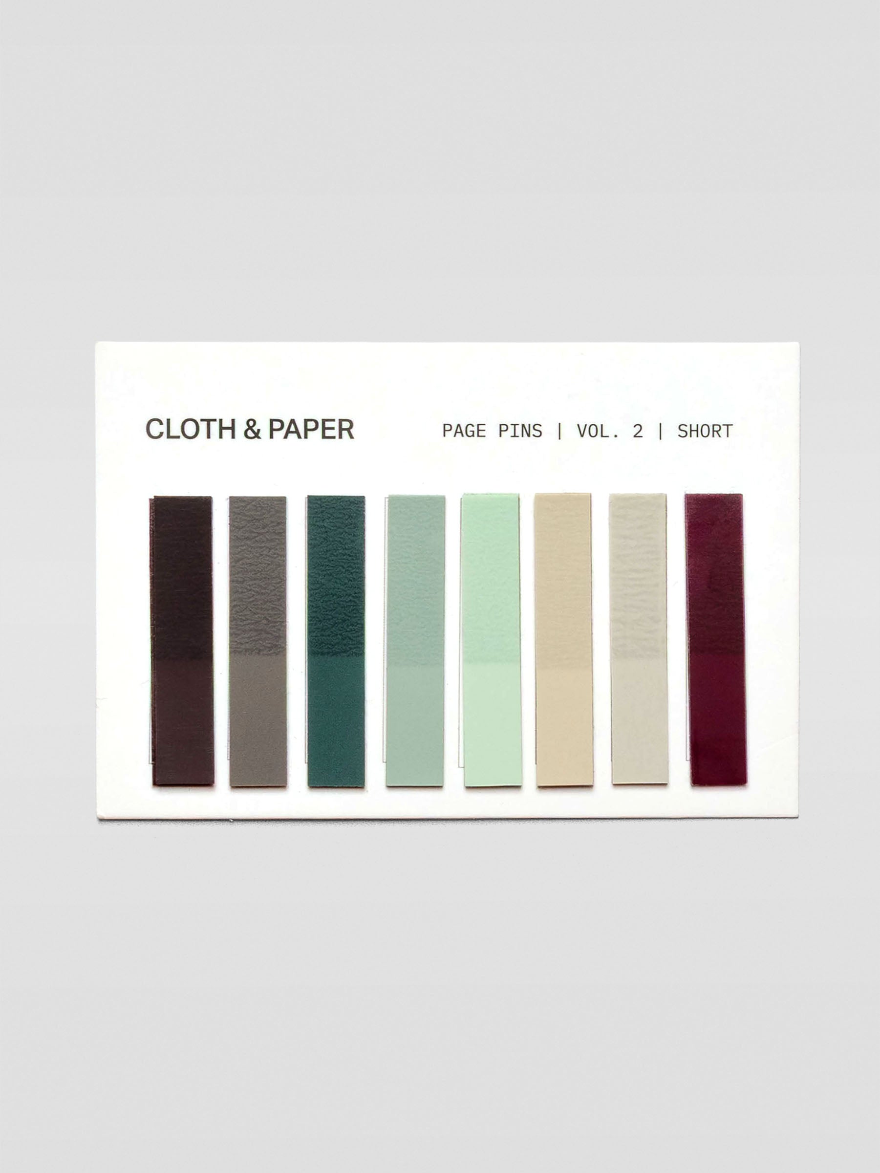 Short page pins in volume 2, a set of 8 page pin solid colors including brown, grey, greens, beige, and red.