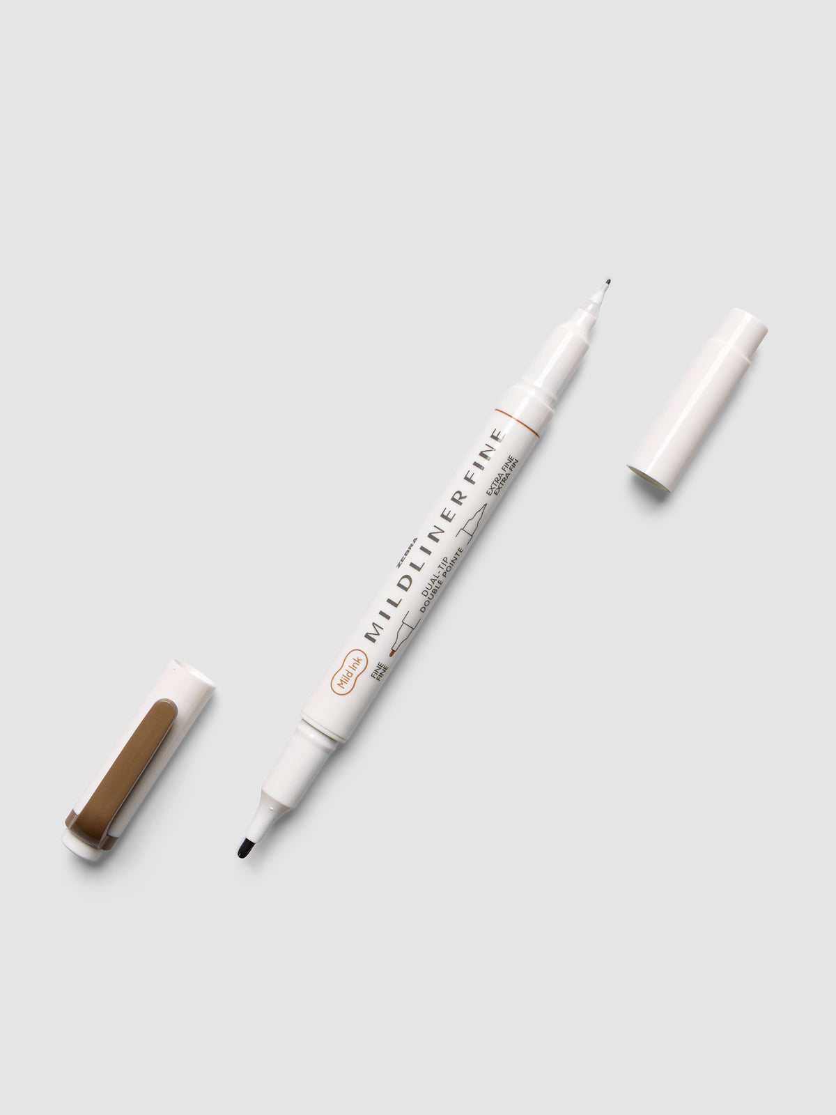 Zebra Mildliner Dual-Tip Fineliner in brown with both caps removed