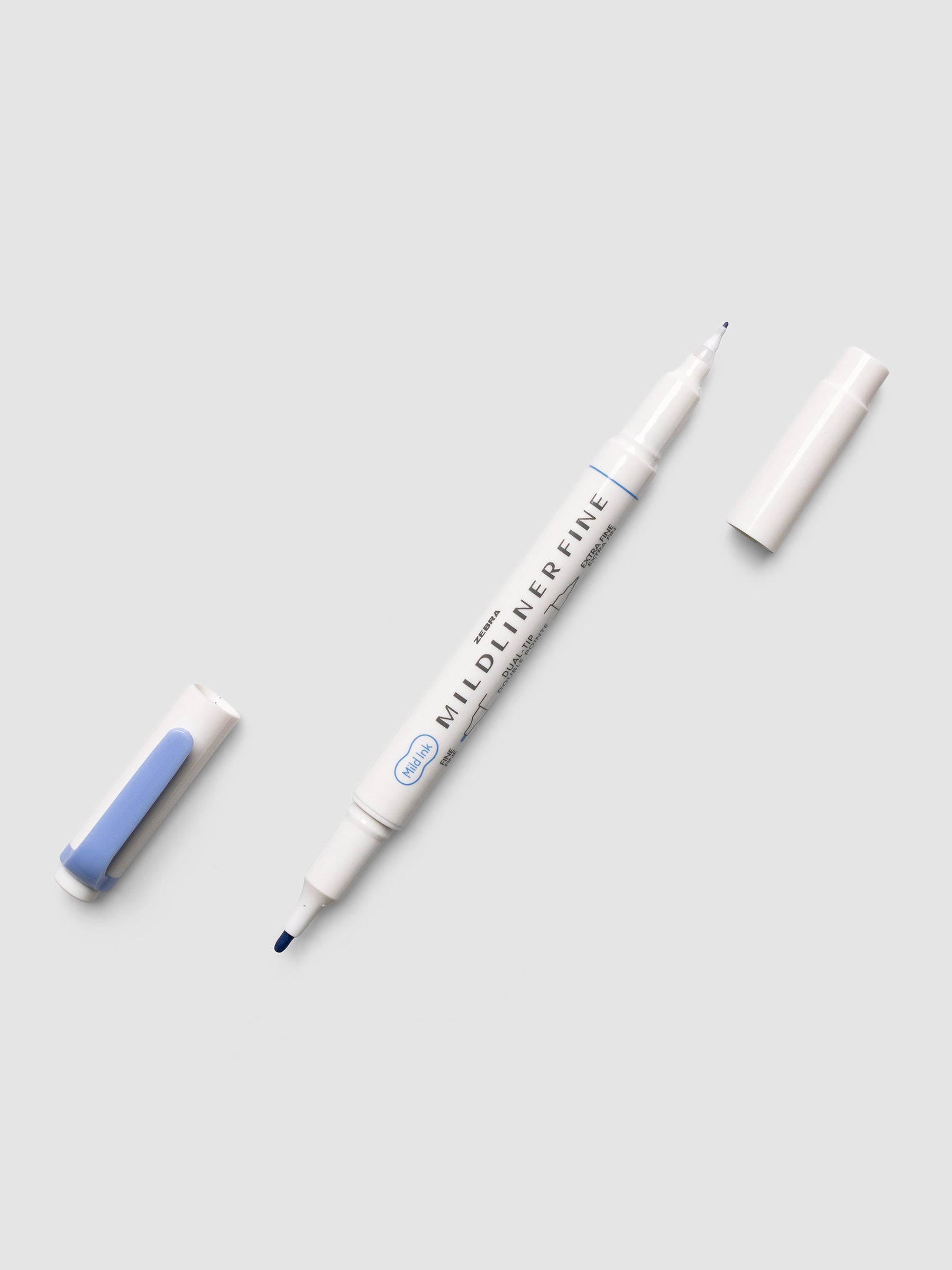 Zebra Mildliner Dual-Tip Fineliner in dark blue with both caps removed