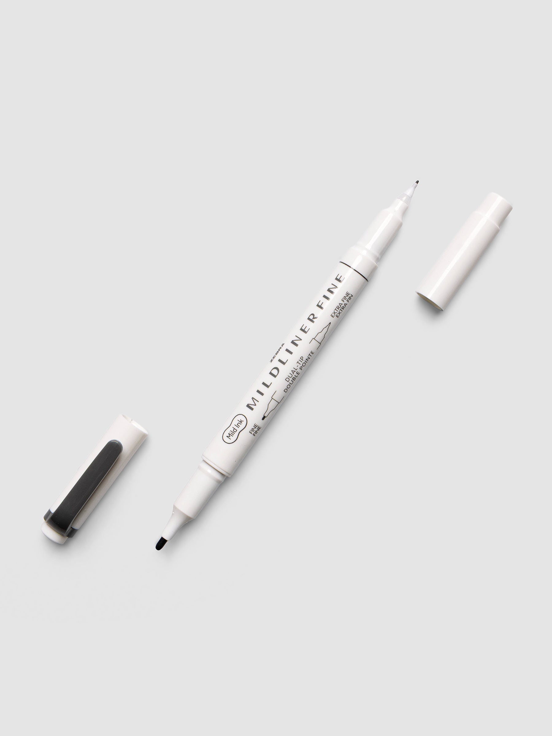 Zebra Mildliner Dual-Tip Fineliner in deep gray with both caps removed