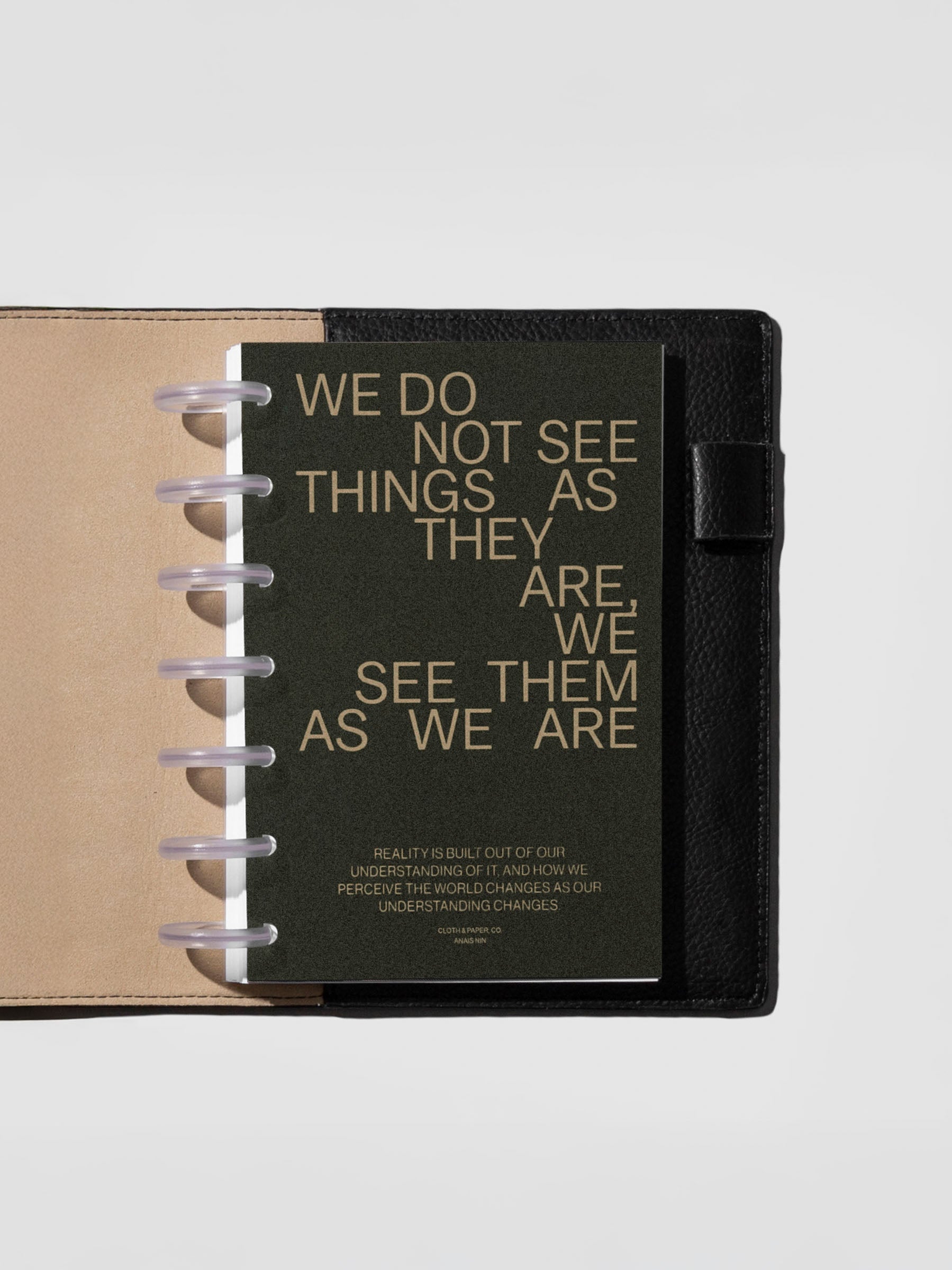 As We Are Cover + Dashboard Set in size HP Mini shown discbound in a black leather folio.