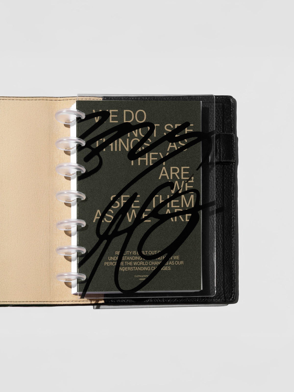 As We Are Cover + Dashboard Set in size HP Mini shown discbound in a black leather folio.