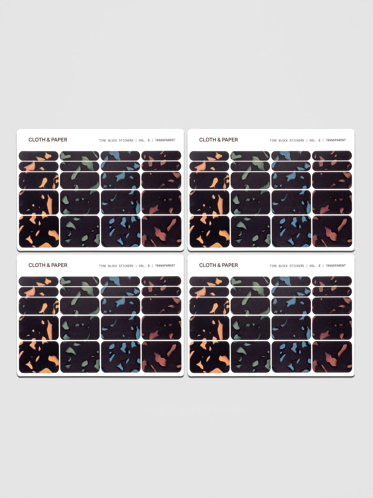 Four sheets of Time Block Stickers Vol. 8 in multiple tortoiseshell style colors.