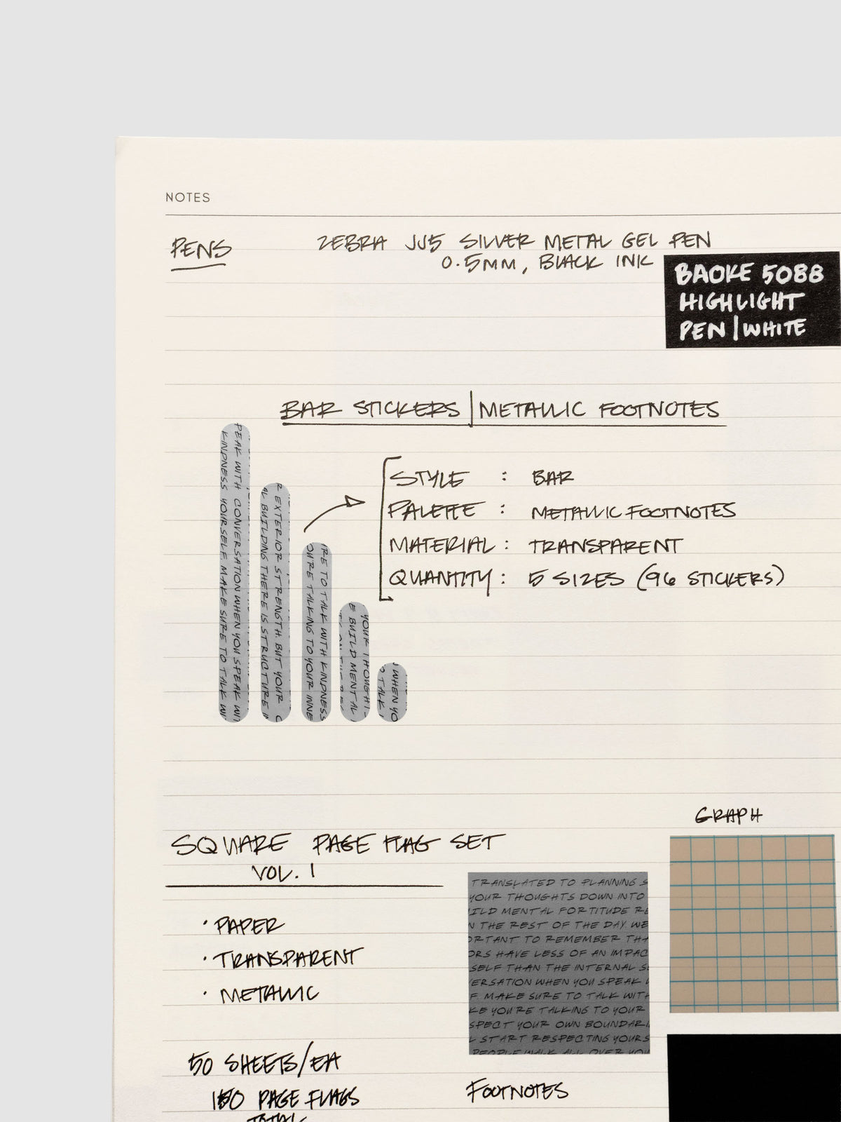 Bar Stickers | Footnotes shown in use in an A5 spiral bound planner used for emphasis and decoration.