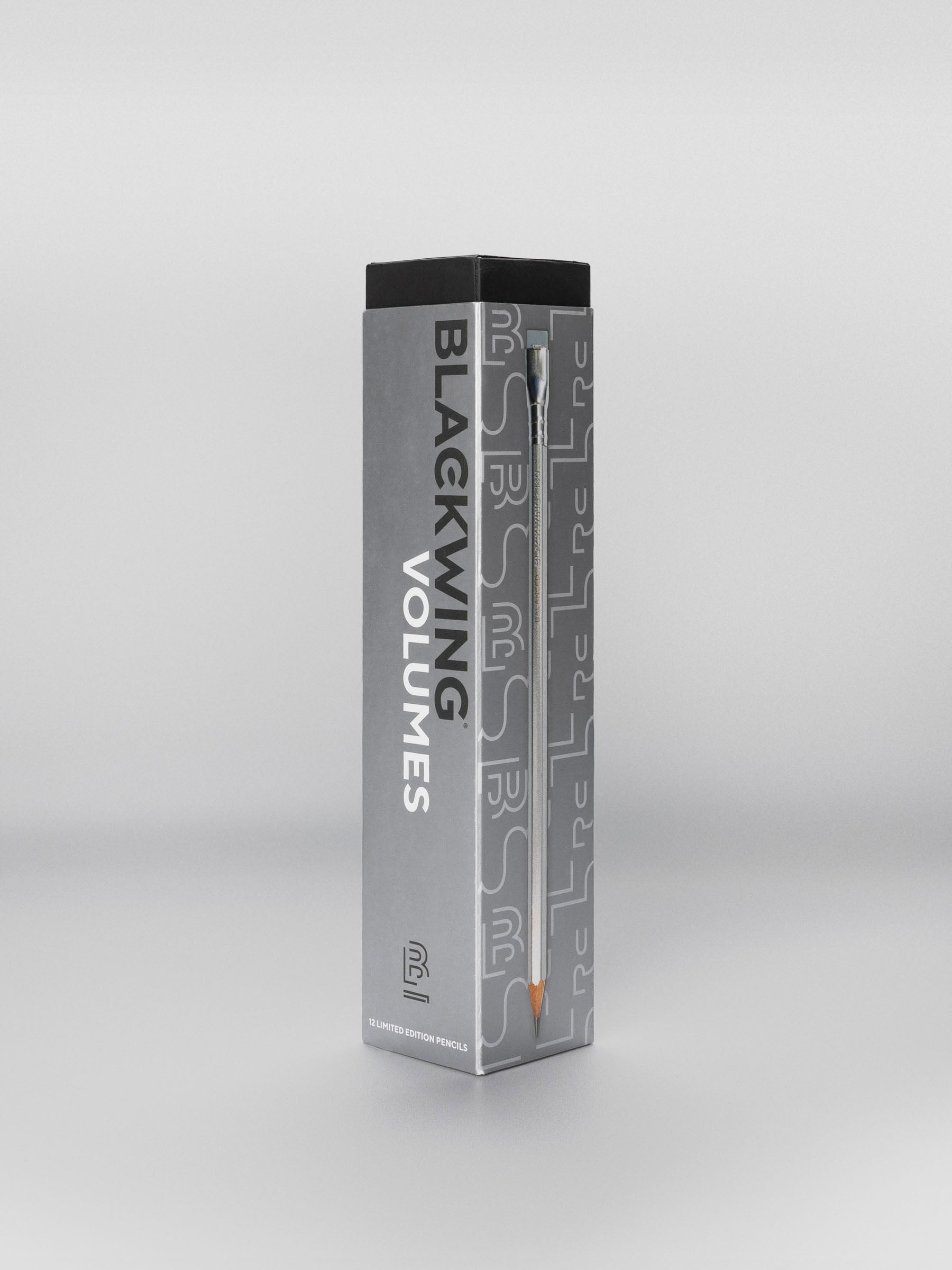 Box of Blackwing Volumes 140 pencils standing upright, featuring a sleek gray design.