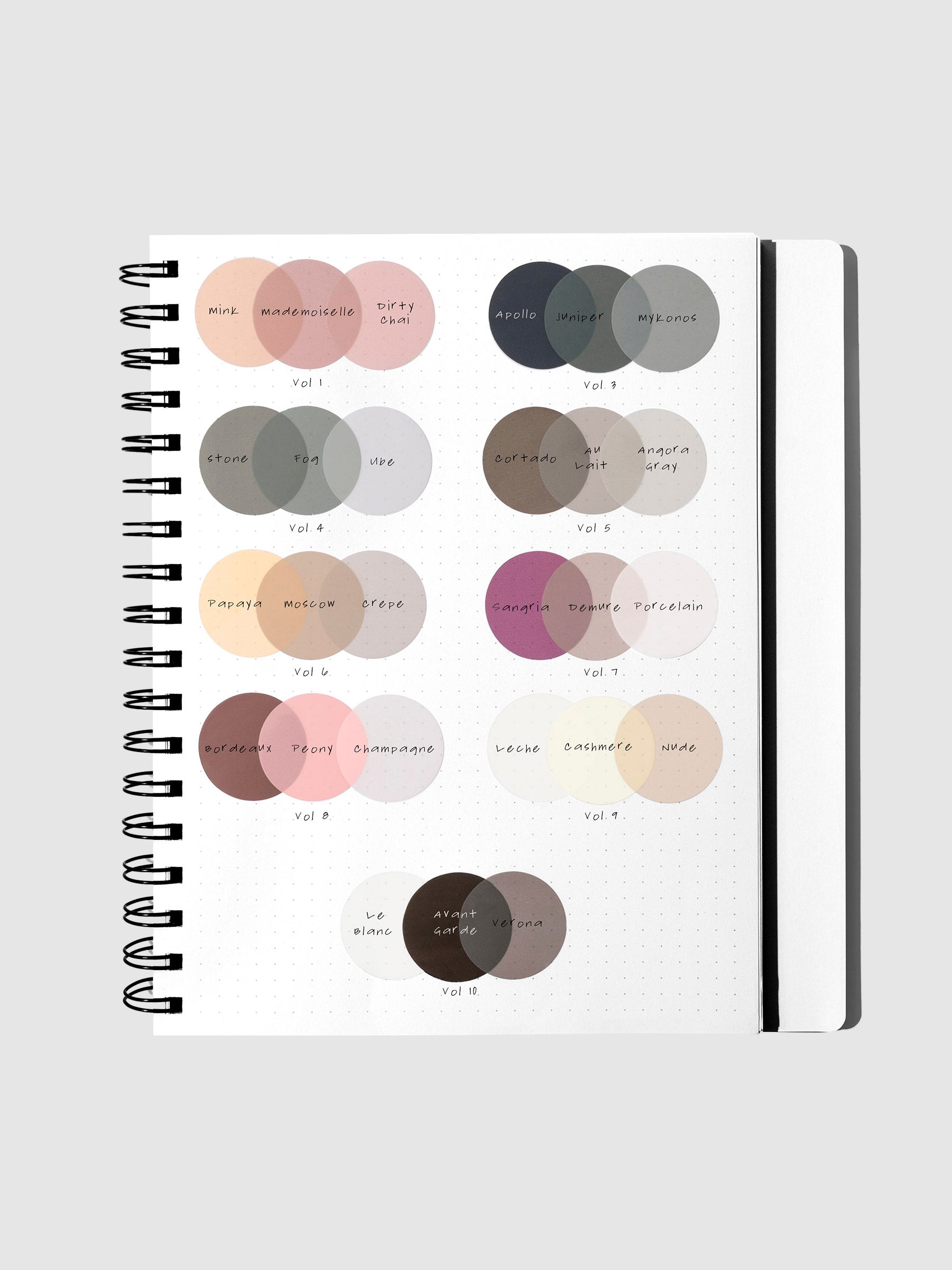 All volumes of the Circle Flags Trio displayed in a notebook, with color names and volume numbers displayed alongside them.