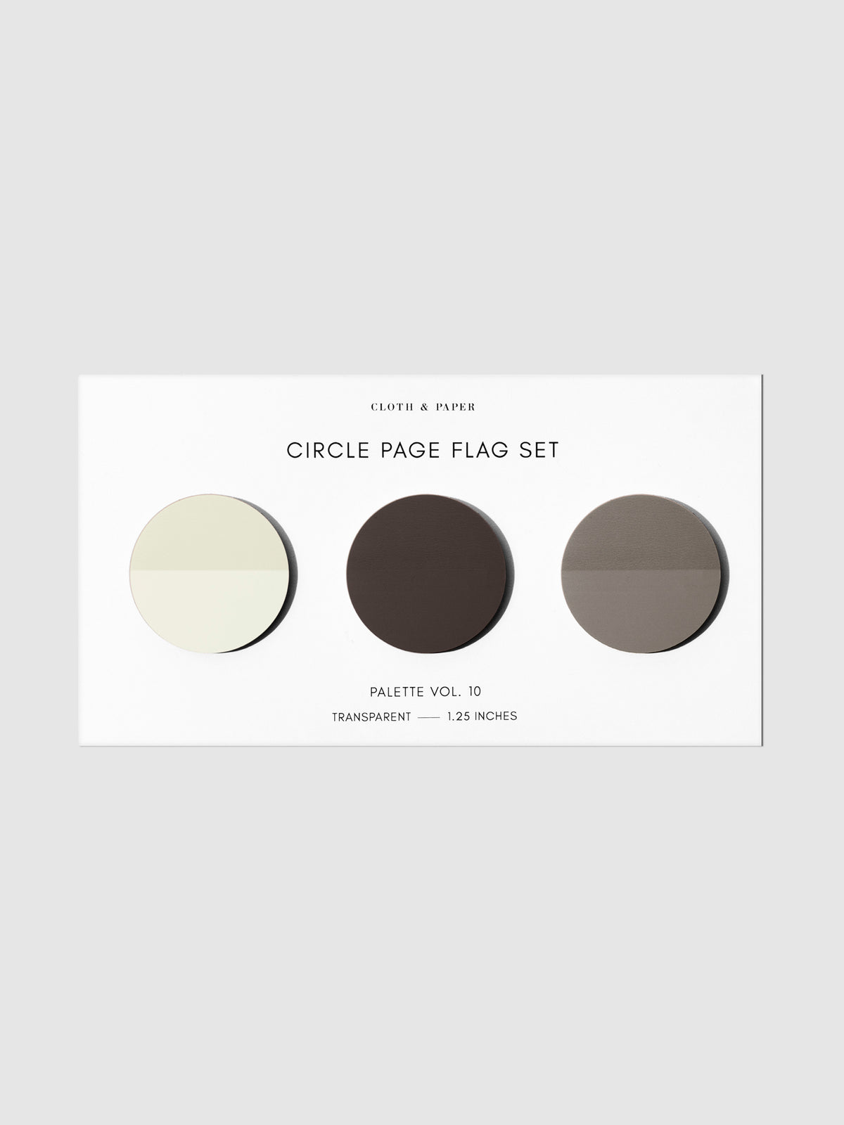 Page flags on their backing on a neutral background. Pictured is color set Volume 10.
