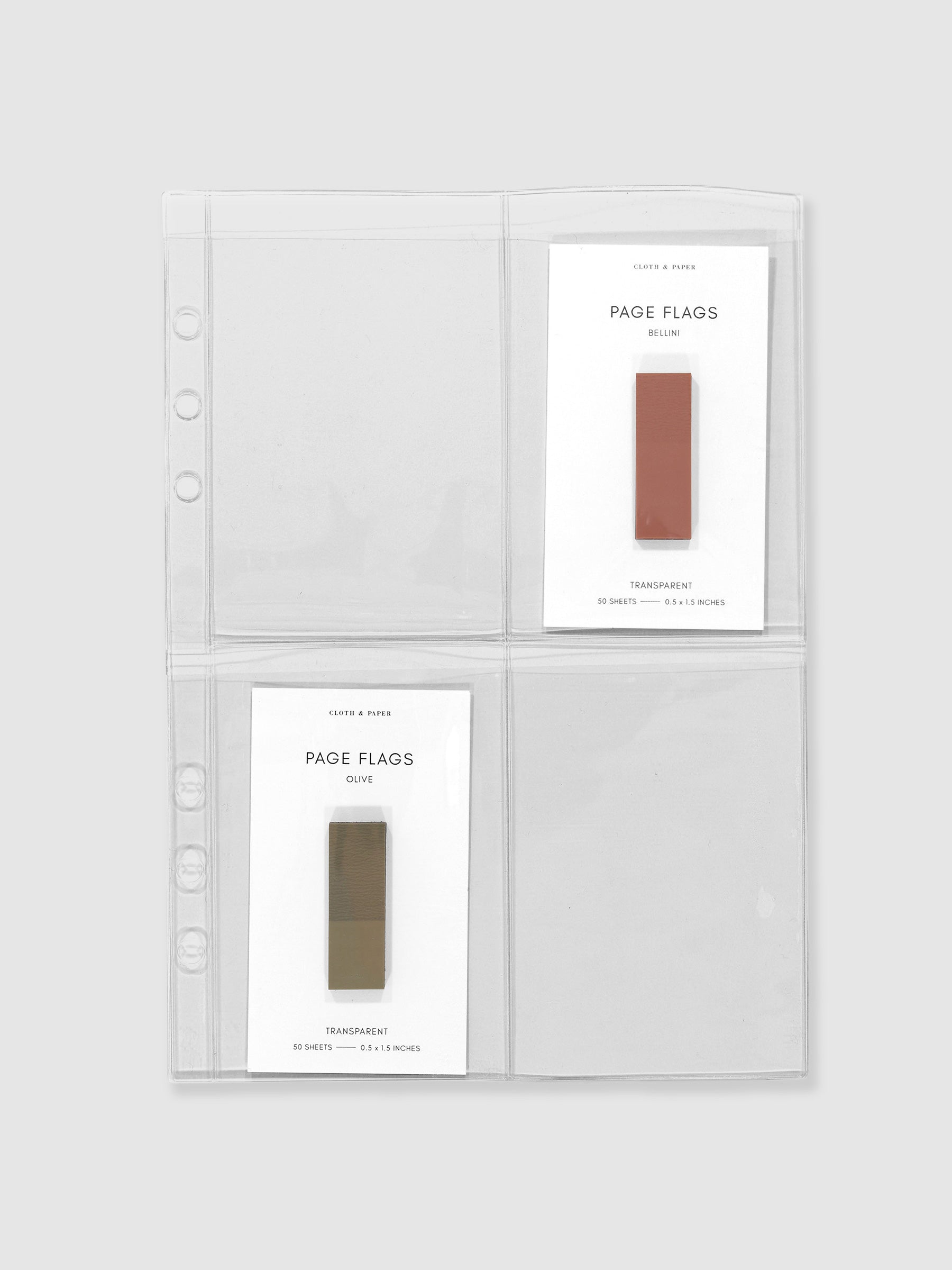 Card holder displayed on a neutral background. Two sets of page flags are displayed in two of the pockets. Size shown is A5.