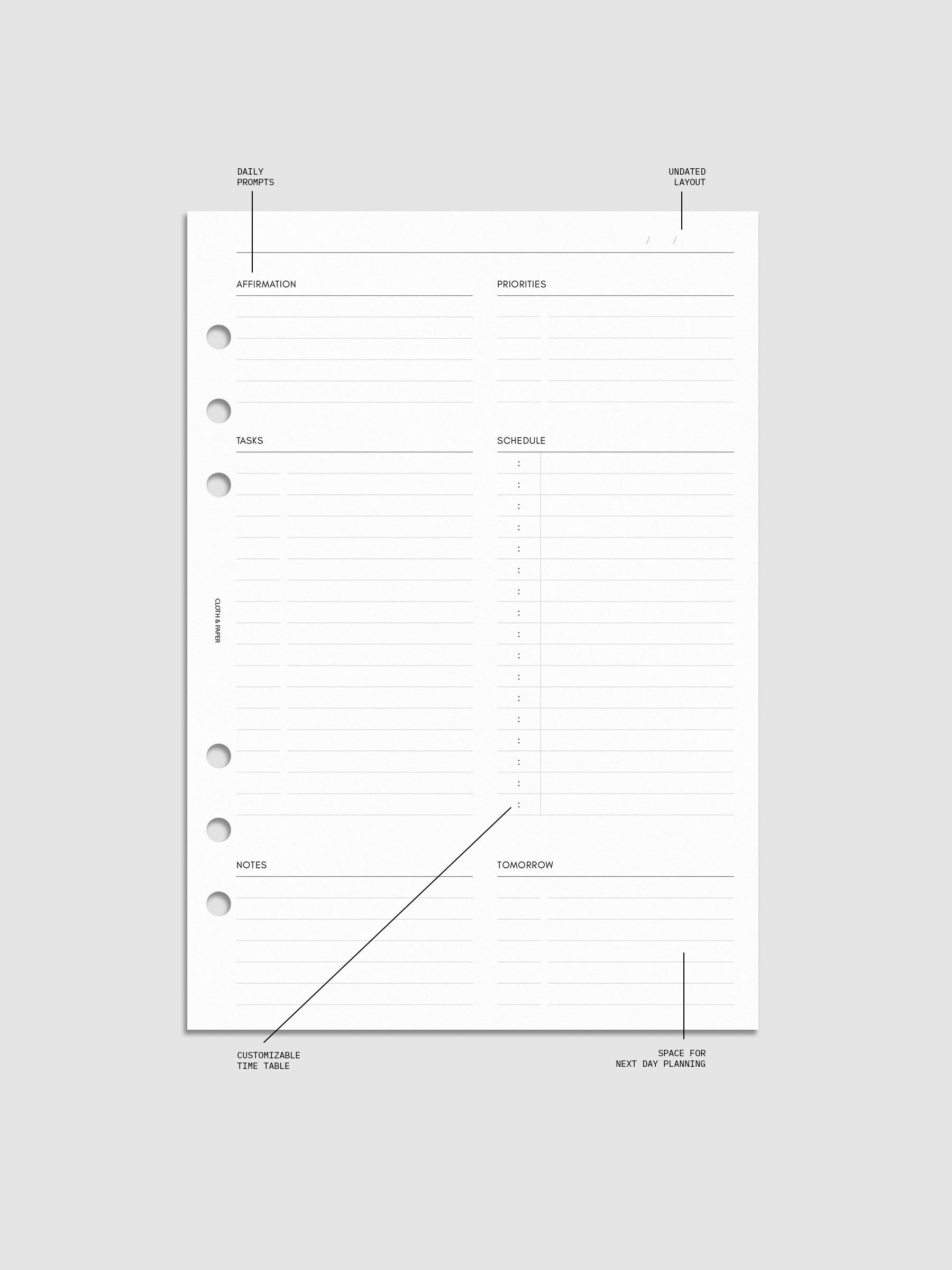 Daily Essentials Planner Inserts digital mockup in size A5, pre-punched for 6-ring binders. Includes headers for affirmations, priorities, tasks, schedule, notes, and tomorrow.