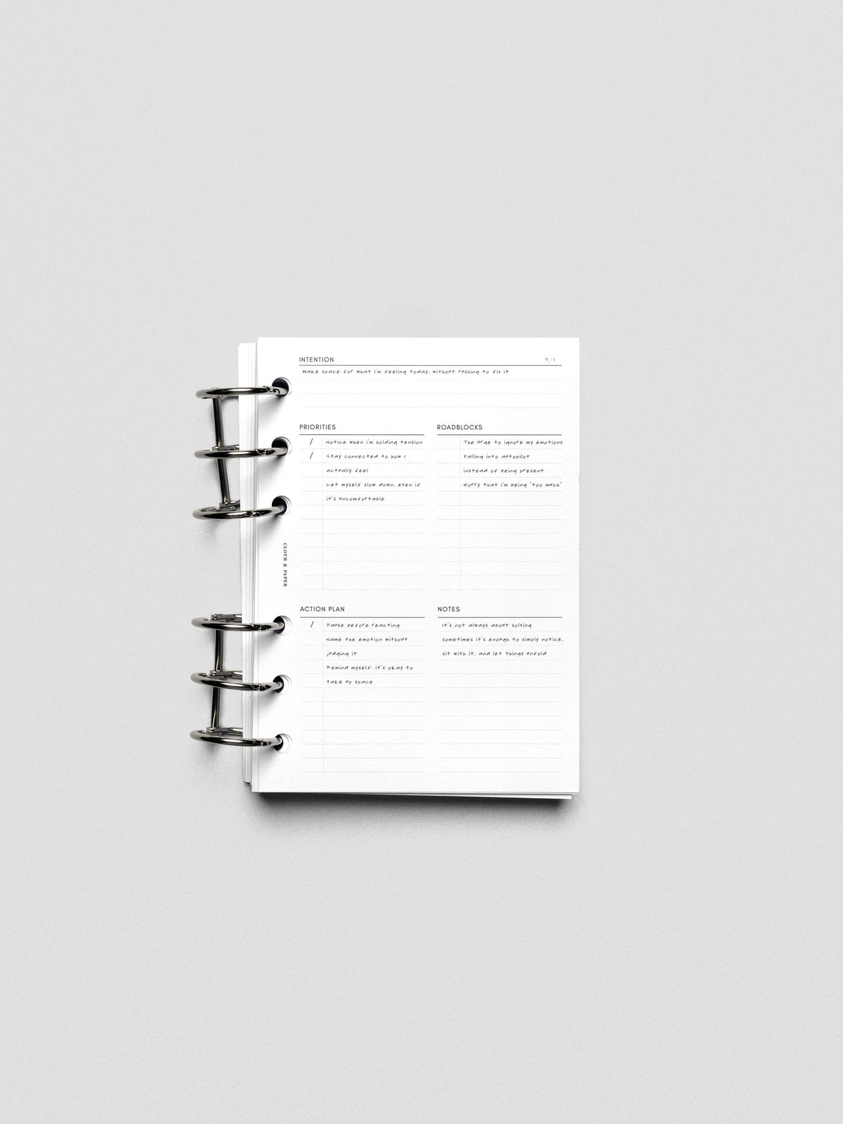 Daily Intention Planner Inserts show filled out in A6 size ring bound.