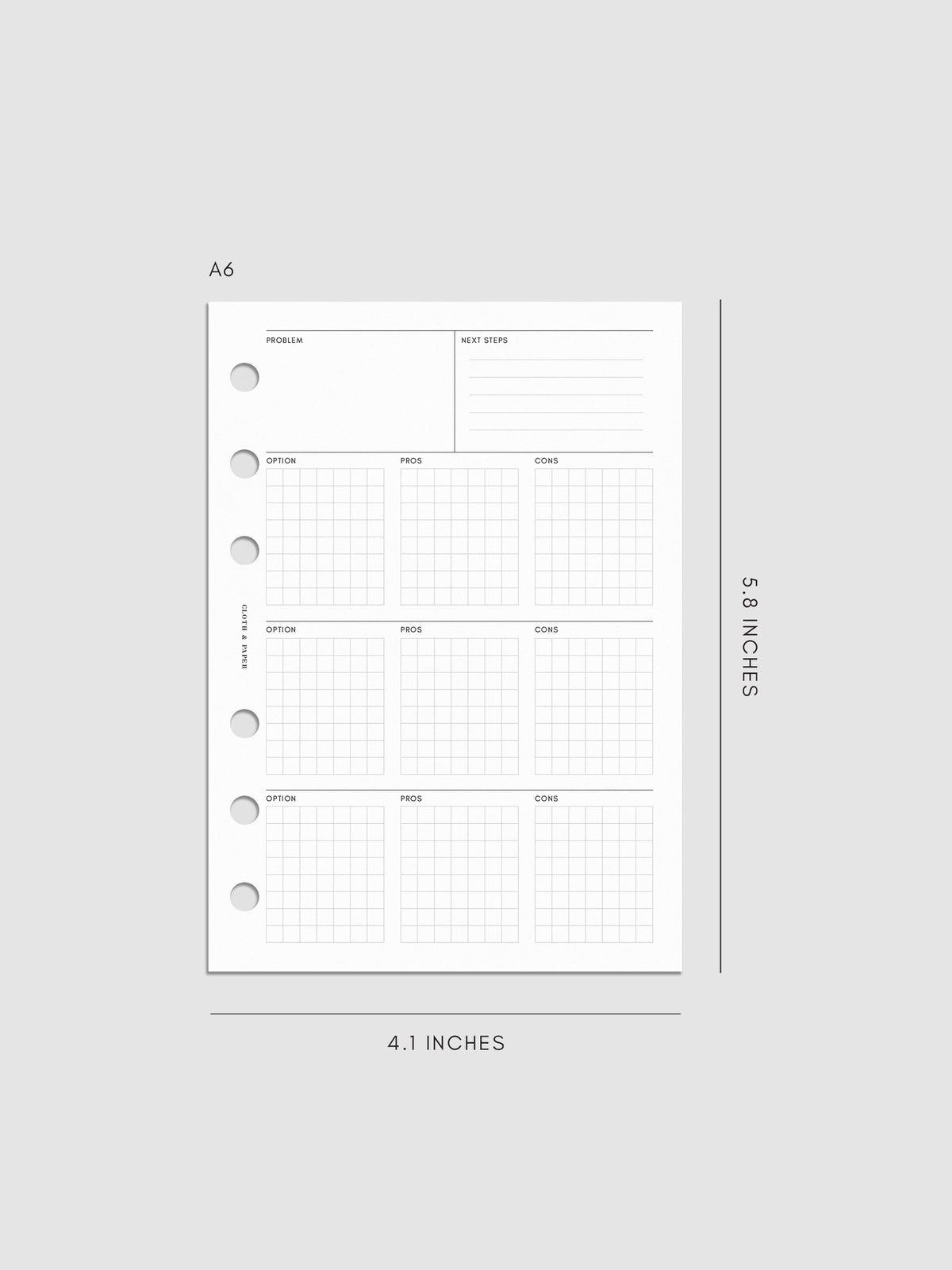 A6 decision-making insert measuring 4.1 by 5.8 inches. Features a clean layout with problem, next steps, and option grids for pros and cons, with six-ring punches along the side.
