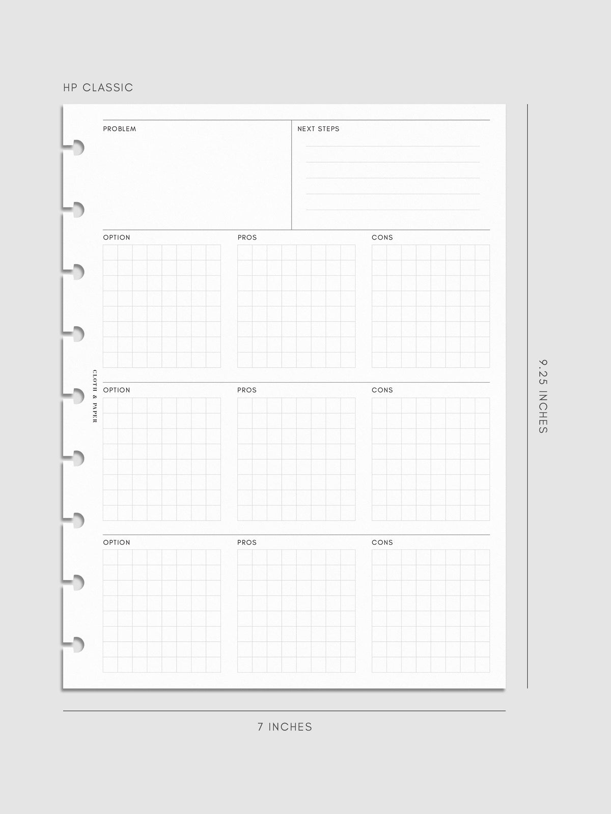 HP Classic decision-making insert measuring 7 by 9.25 inches. Minimal layout with problem, next steps, and option grids for pros and cons, with disc-bound punches along the side.