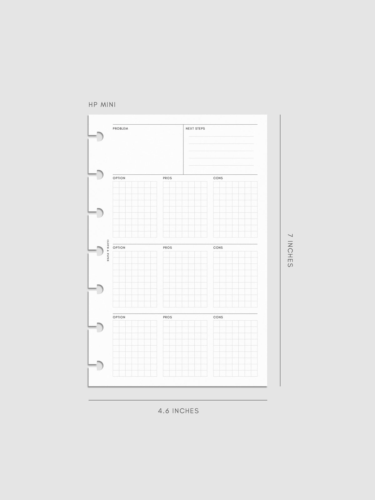 HP Mini decision-making insert measuring 4.6 by 7 inches. Clean design featuring problem, next steps, and option grids with pros and cons, with disc-bound punches along the side.