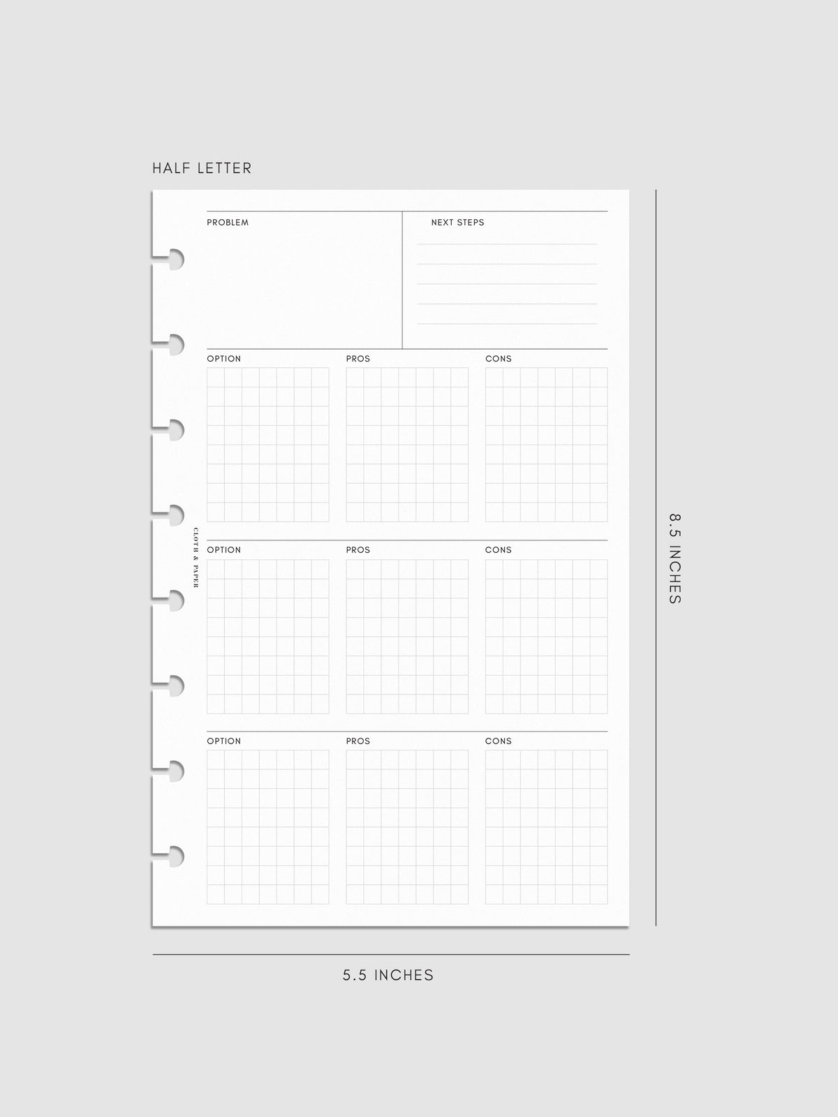 Half-letter decision-making insert measuring 5.5 by 8.5 inches. The page includes problem and next steps sections at the top and option grids for pros and cons, with disc-bound punches on the side.