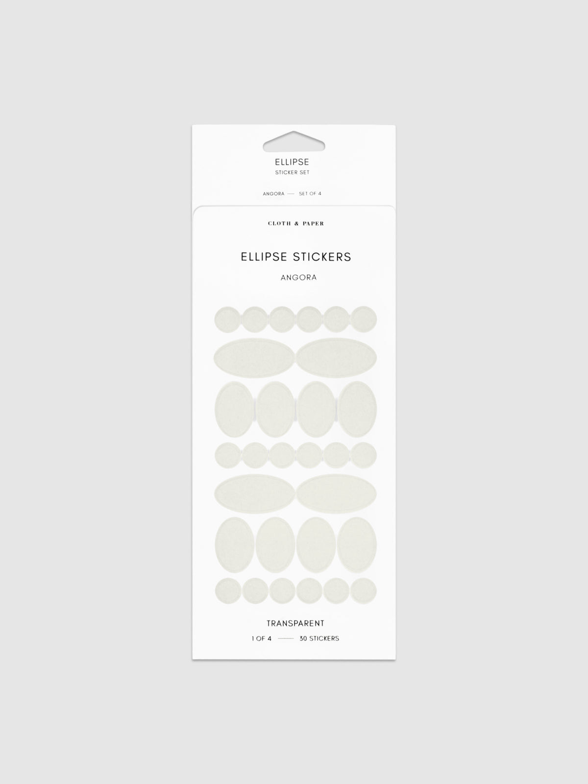 Angora  stickers in their packaging on a neutral background.