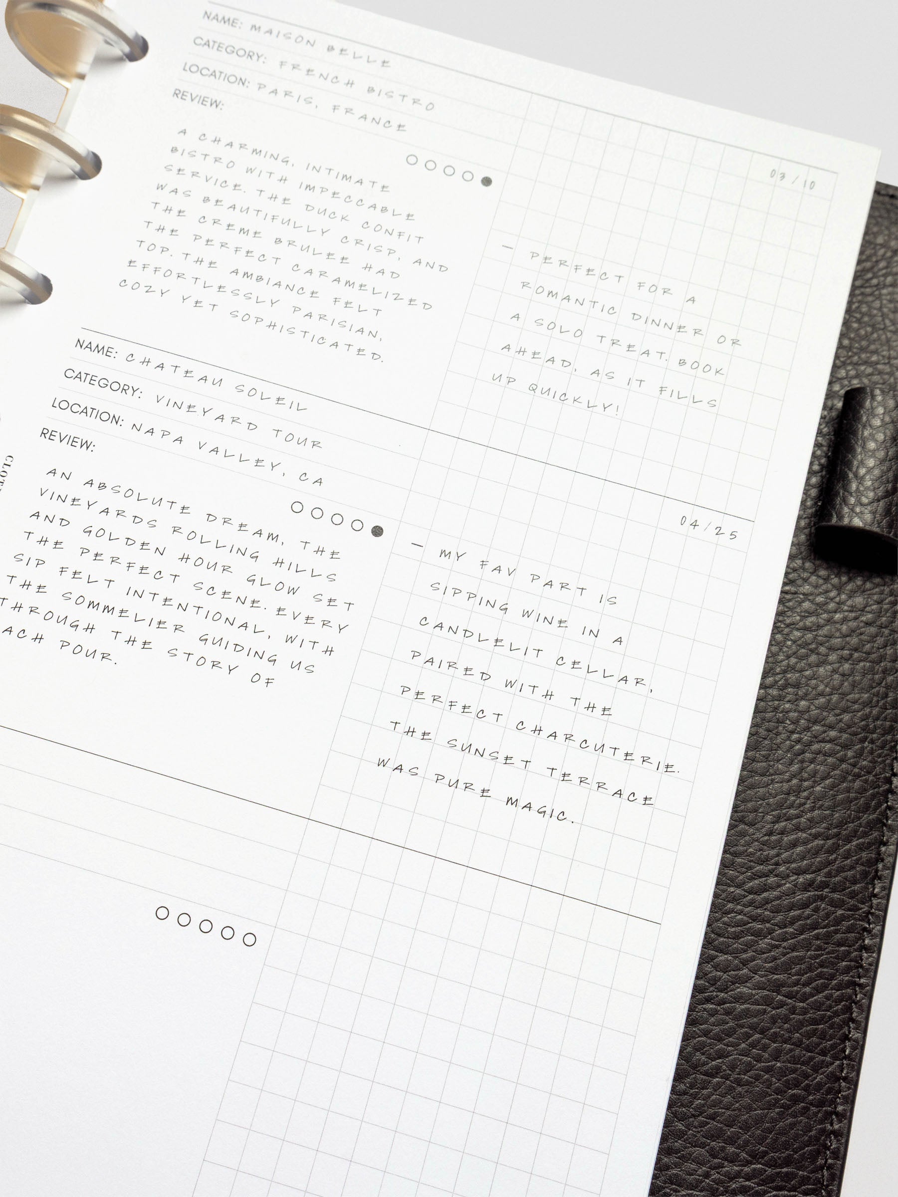 Angled view of a Half Letter Experience Tracker Insert demo page filled with reviews, showcasing a clean grid design and minimalist layout.