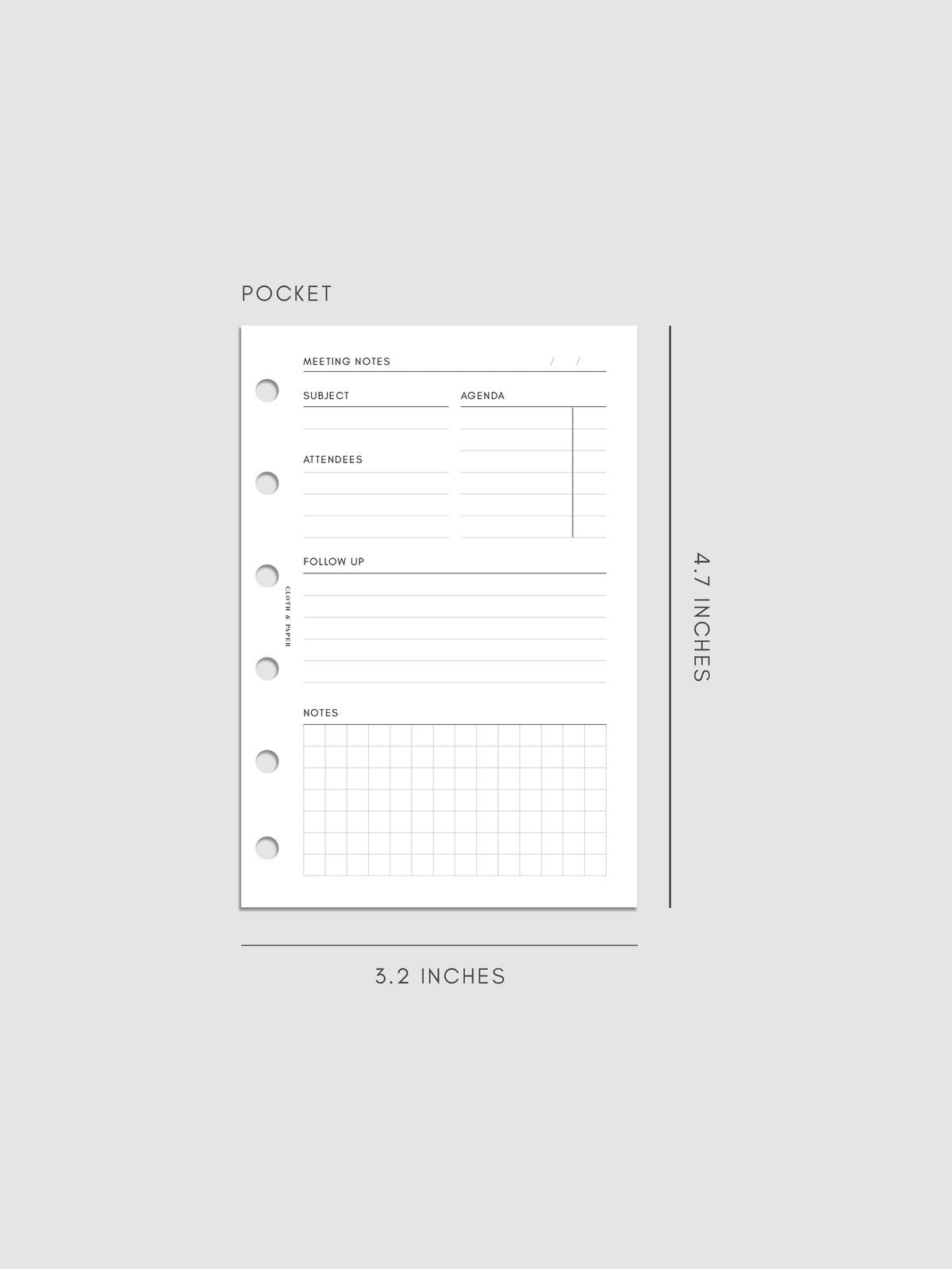 Pocket size meeting notes insert measuring 3.2 by 4.7 inches. The minimal layout includes sections for subject, agenda, attendees, follow-up, and a gridded notes area with three ring punches on the side.