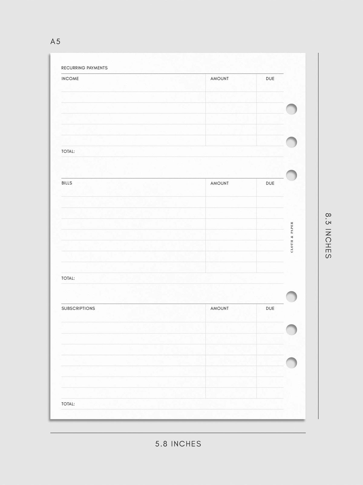 Digital mockup of the Financial Planning Insert | Second Edition showing sections for recurring payments. Size shown is A5.