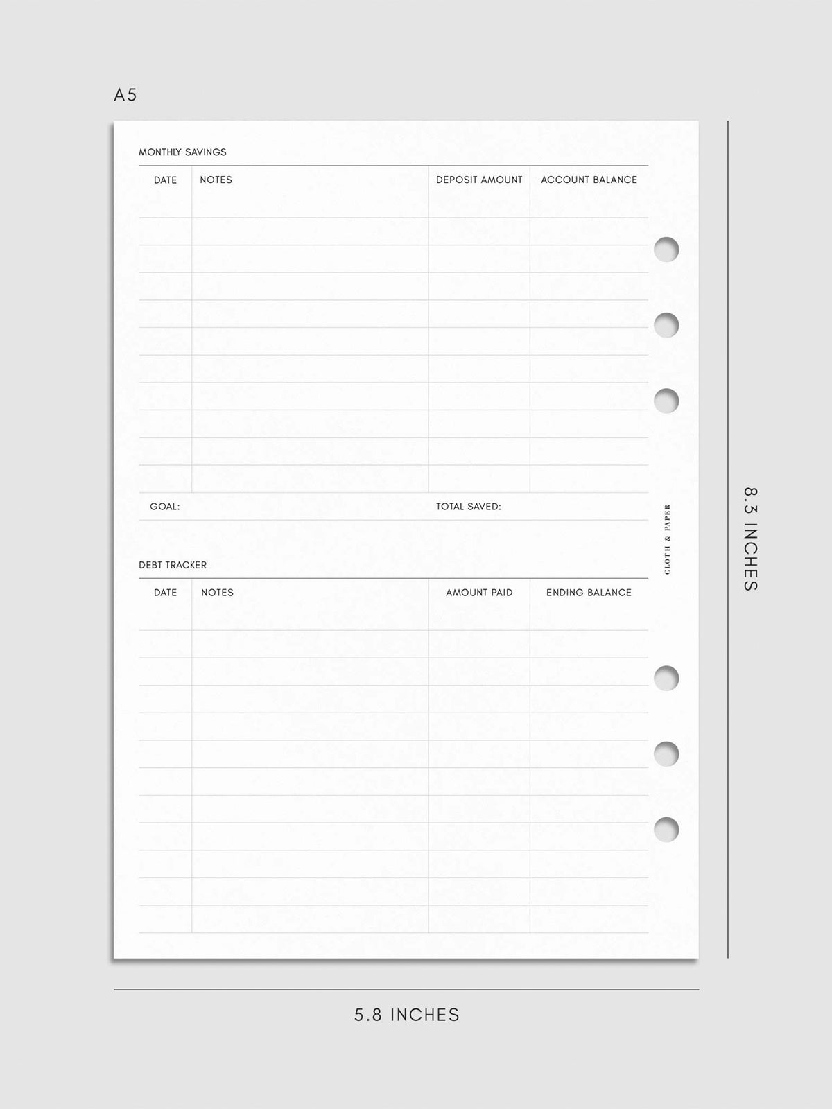 Digital mockup of the Financial Planning Insert | Second Edition with sections for the monthly savings. Size shown is A5.
