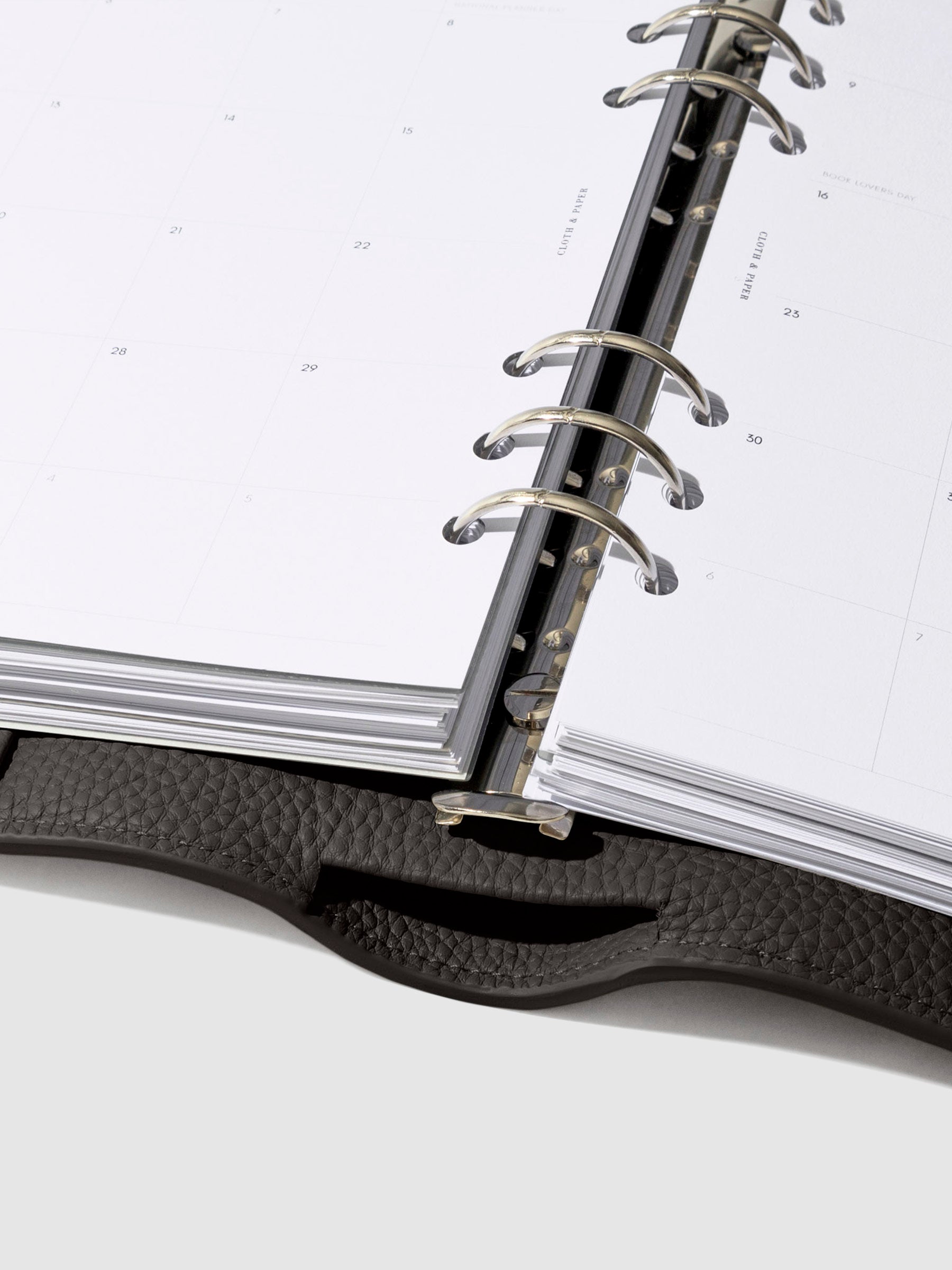 Close-up of the cafenoir leather agenda ring mechanism.