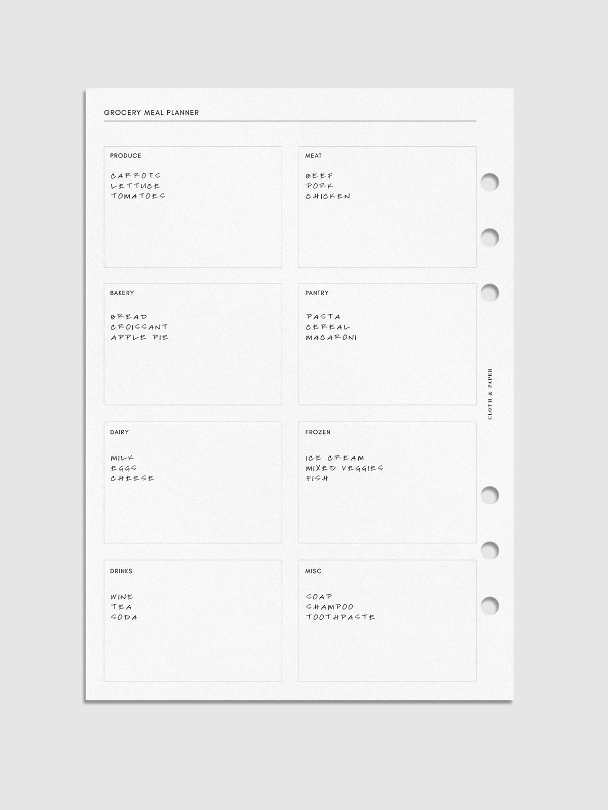 Digital mockup of grocery list in A5 sizing.