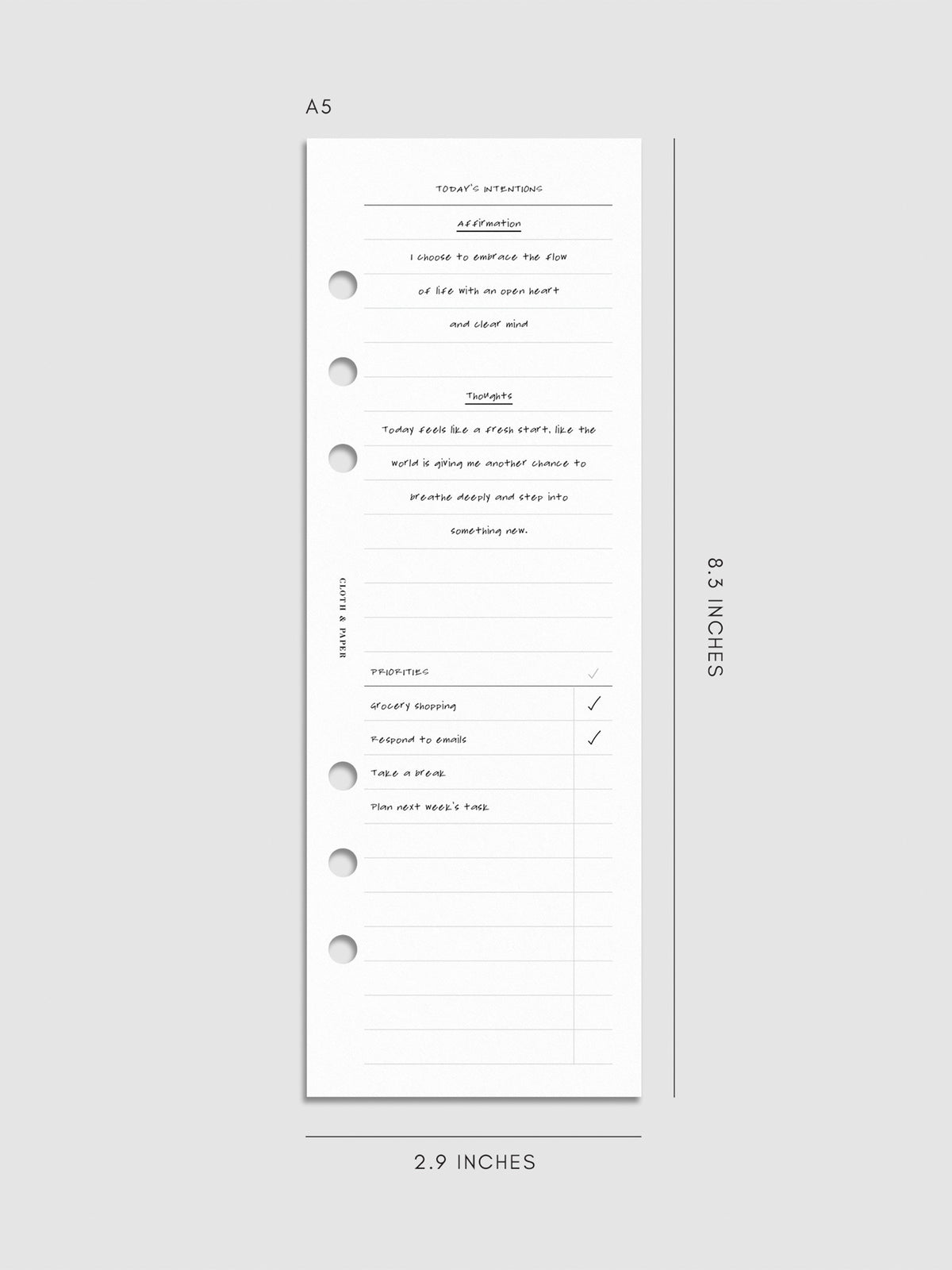 Digital mockup of insert on a neutral background. Size shown is A5.
