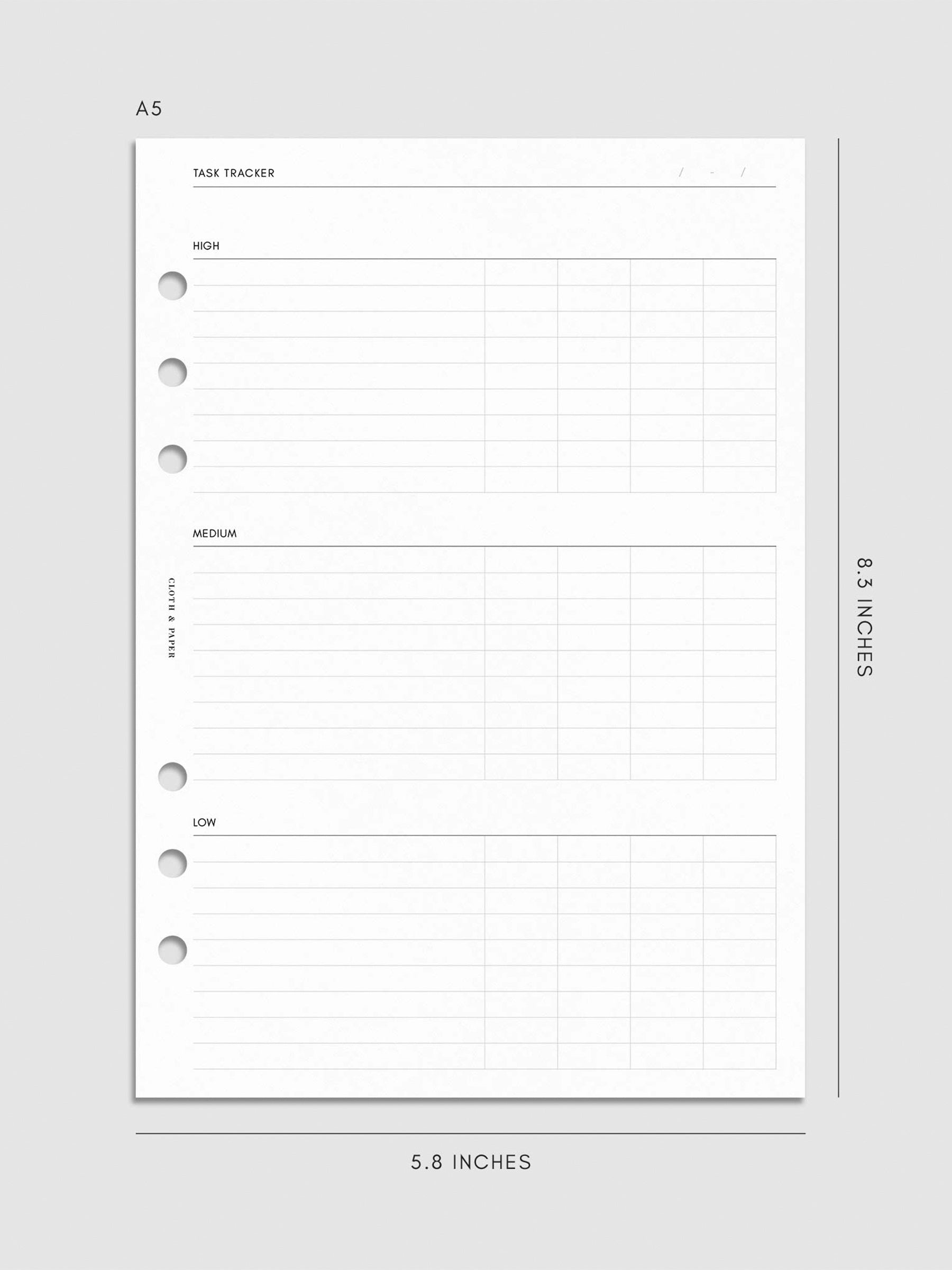 Digital mockup of the Kanban Task Tracker Planner Inserts showing sections for high, medium, and low priority tasks. Size shown is A5.