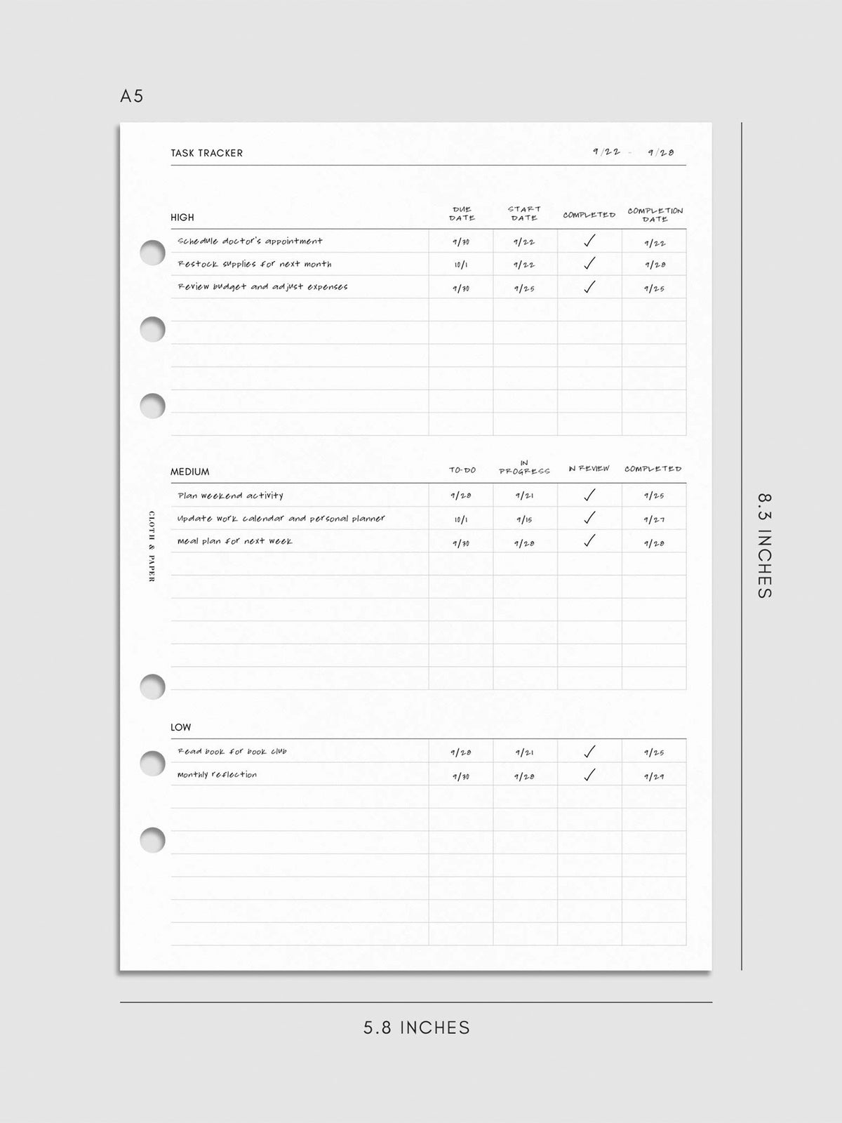 Digital mockup of the Kanban Task Tracker Planner Inserts with examples. Size shown is A5.