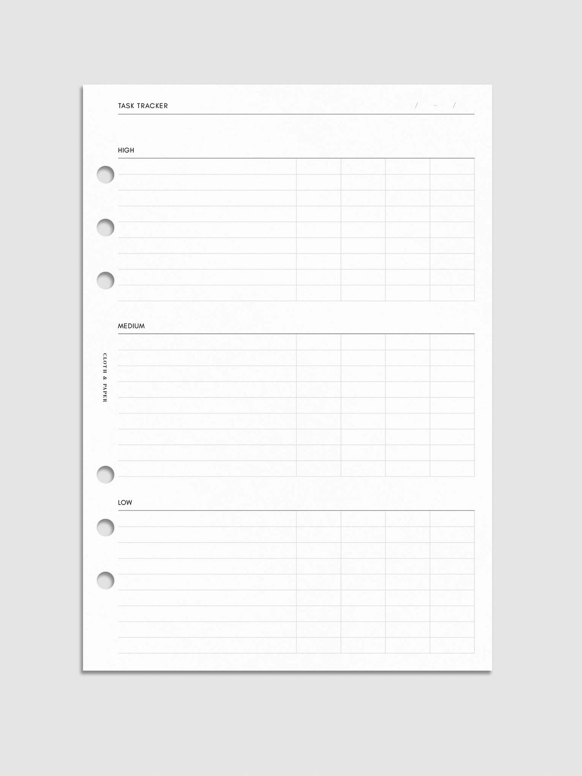 Digital mockup of the Kanban Task Tracker Planner Inserts showing sections for high, medium, and low priority tasks. Size shown is A5.