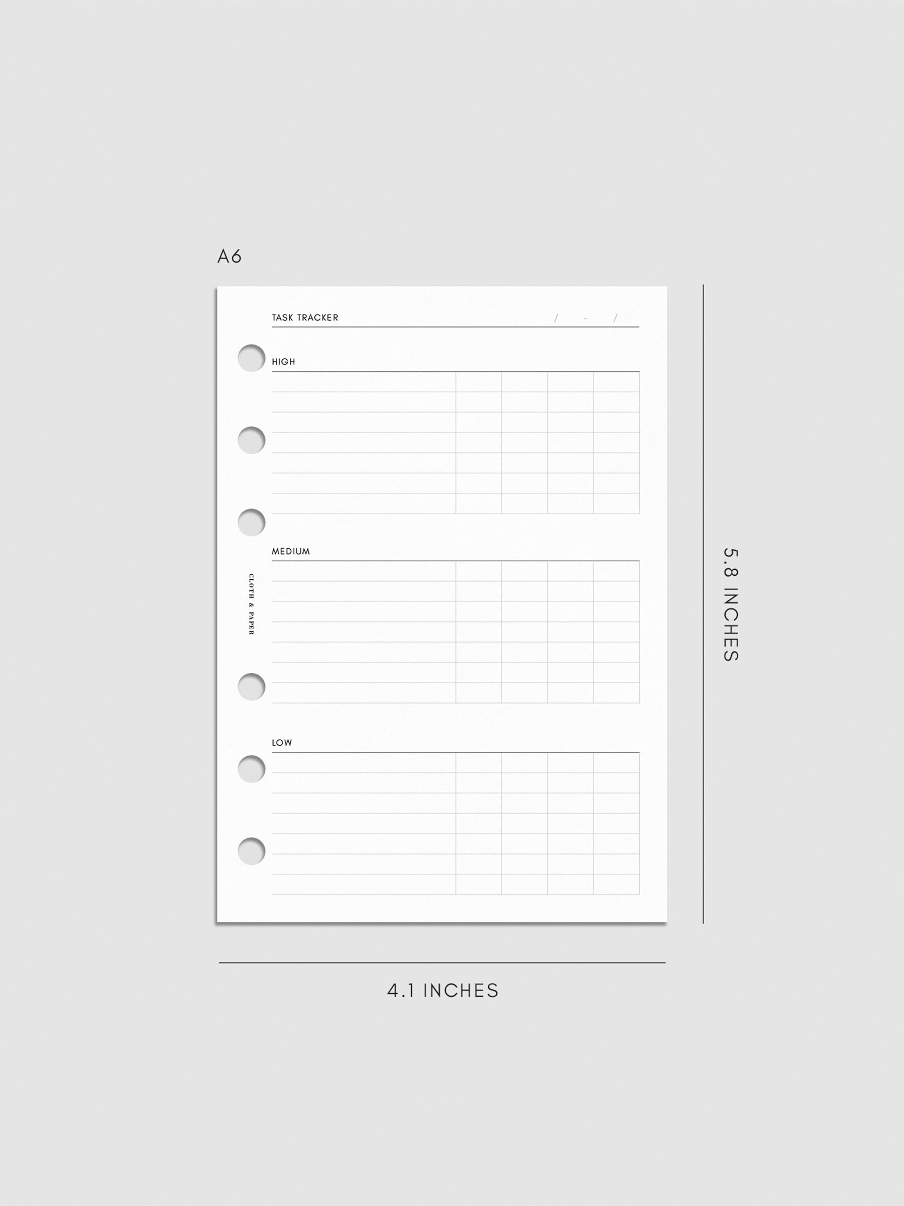 Digital mockup of the Kanban Task Tracker Planner Inserts showing sections for high, medium, and low priority tasks. Size shown is A6.