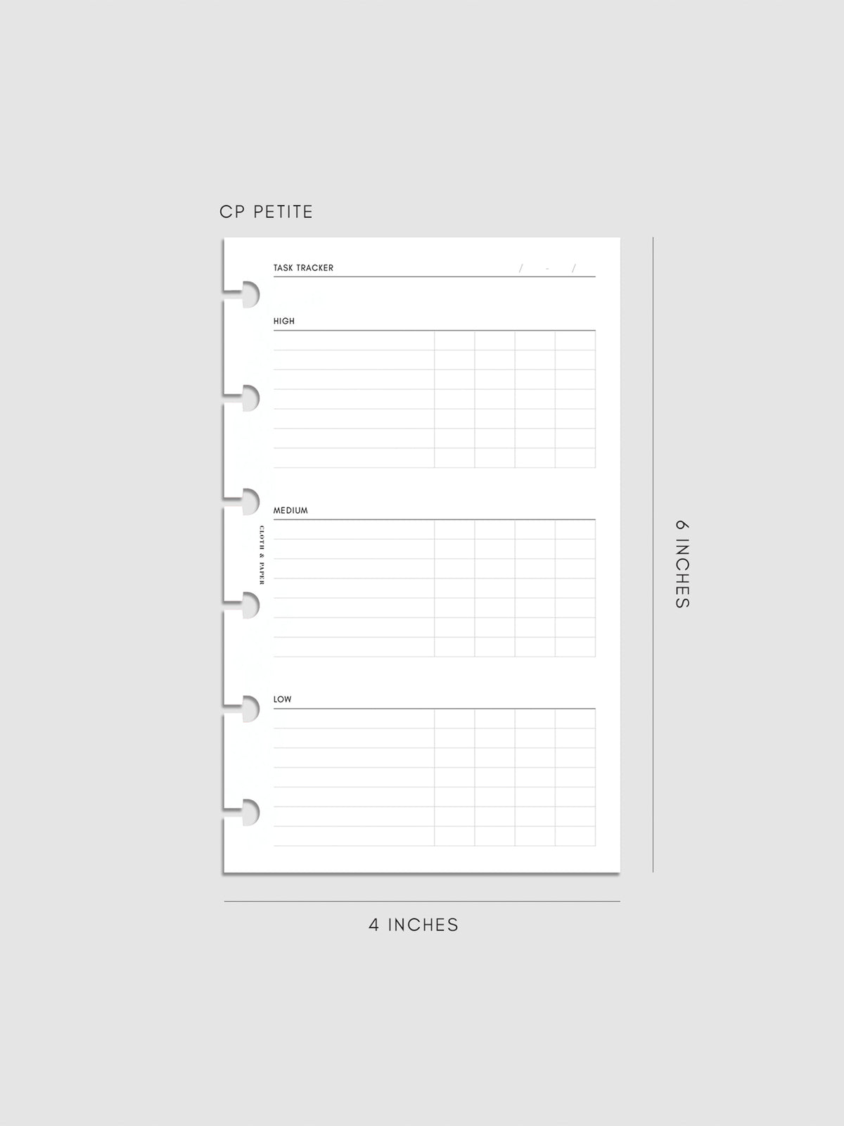 Digital mockup of the Kanban Task Tracker Planner Inserts showing sections for high, medium, and low priority tasks. Size shown is CP Petite.