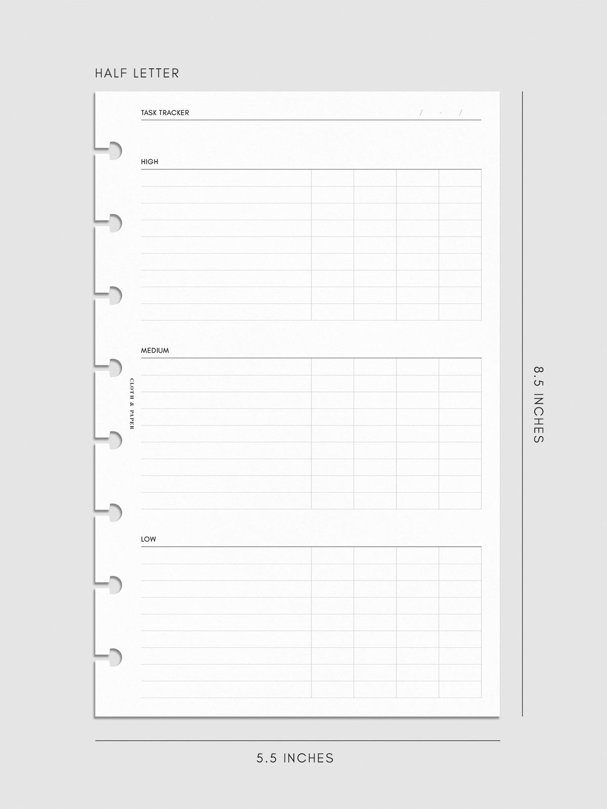 Digital mockup of the Kanban Task Tracker Planner Inserts showing sections for high, medium, and low priority tasks. Size shown is Half Letter.