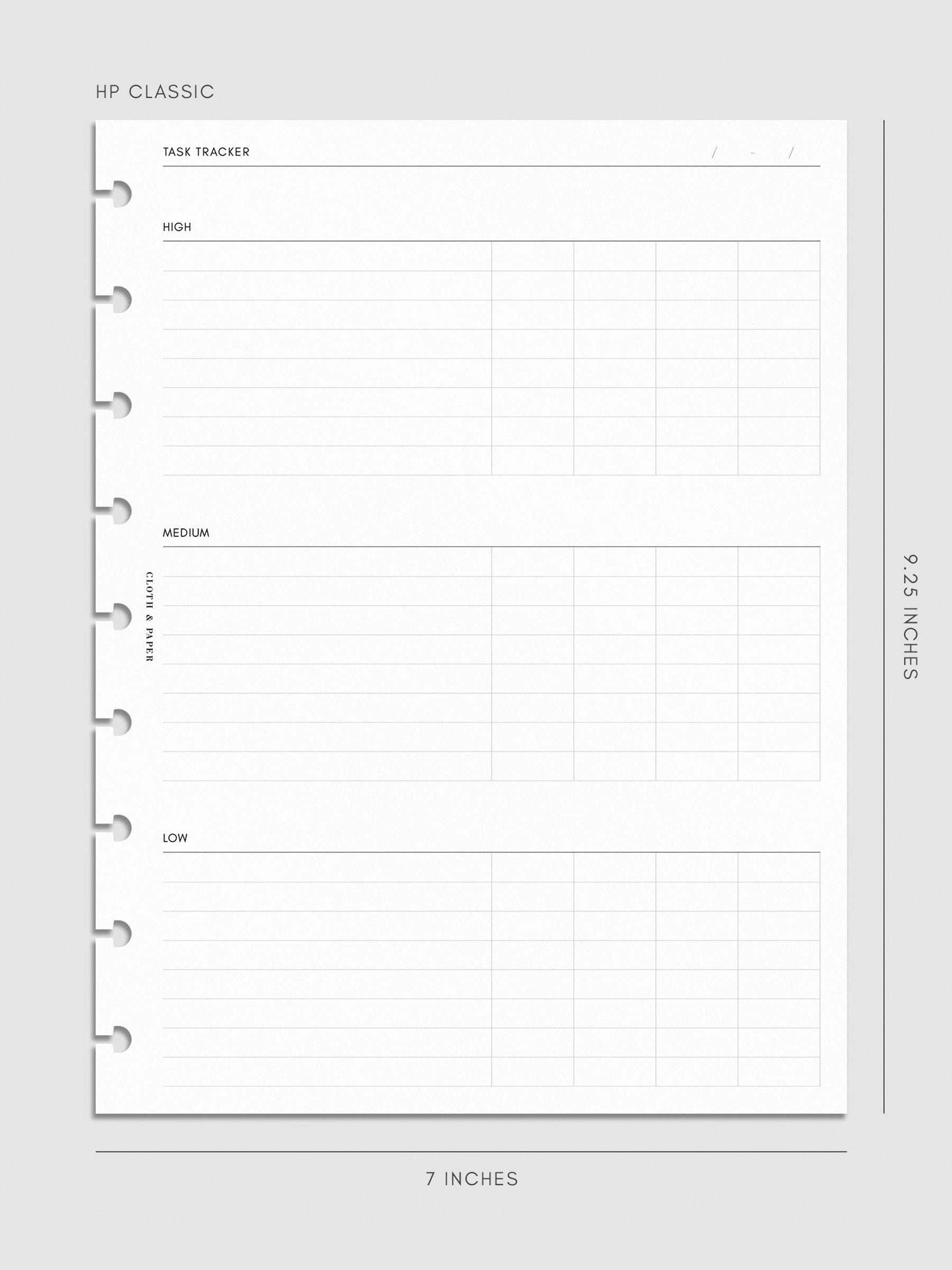 Digital mockup of the Kanban Task Tracker Planner Inserts showing sections for high, medium, and low priority tasks. Size shown is HP Classic.