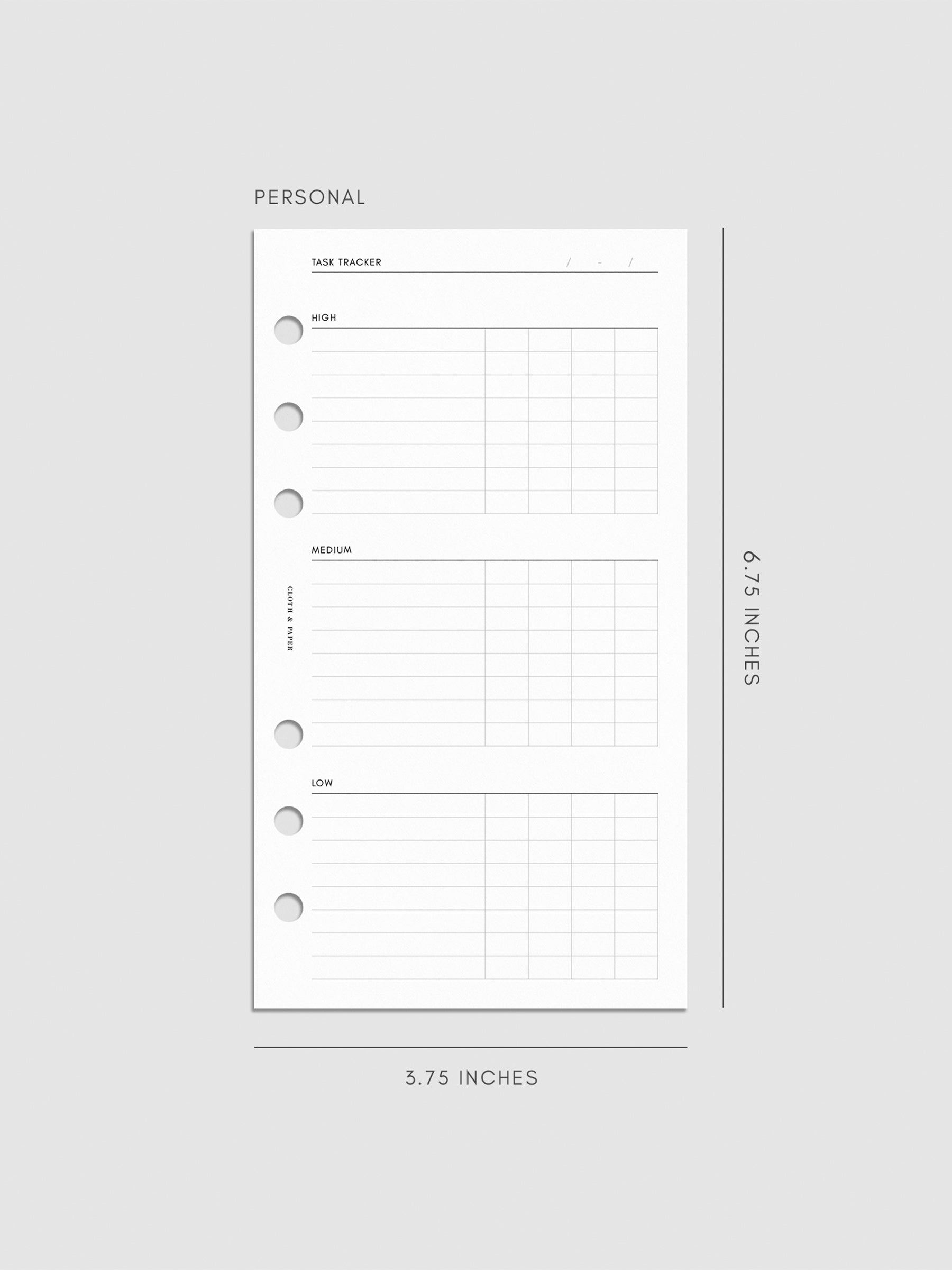 Digital mockup of the Kanban Task Tracker Planner Inserts showing sections for high, medium, and low priority tasks. Size shown is Personal.