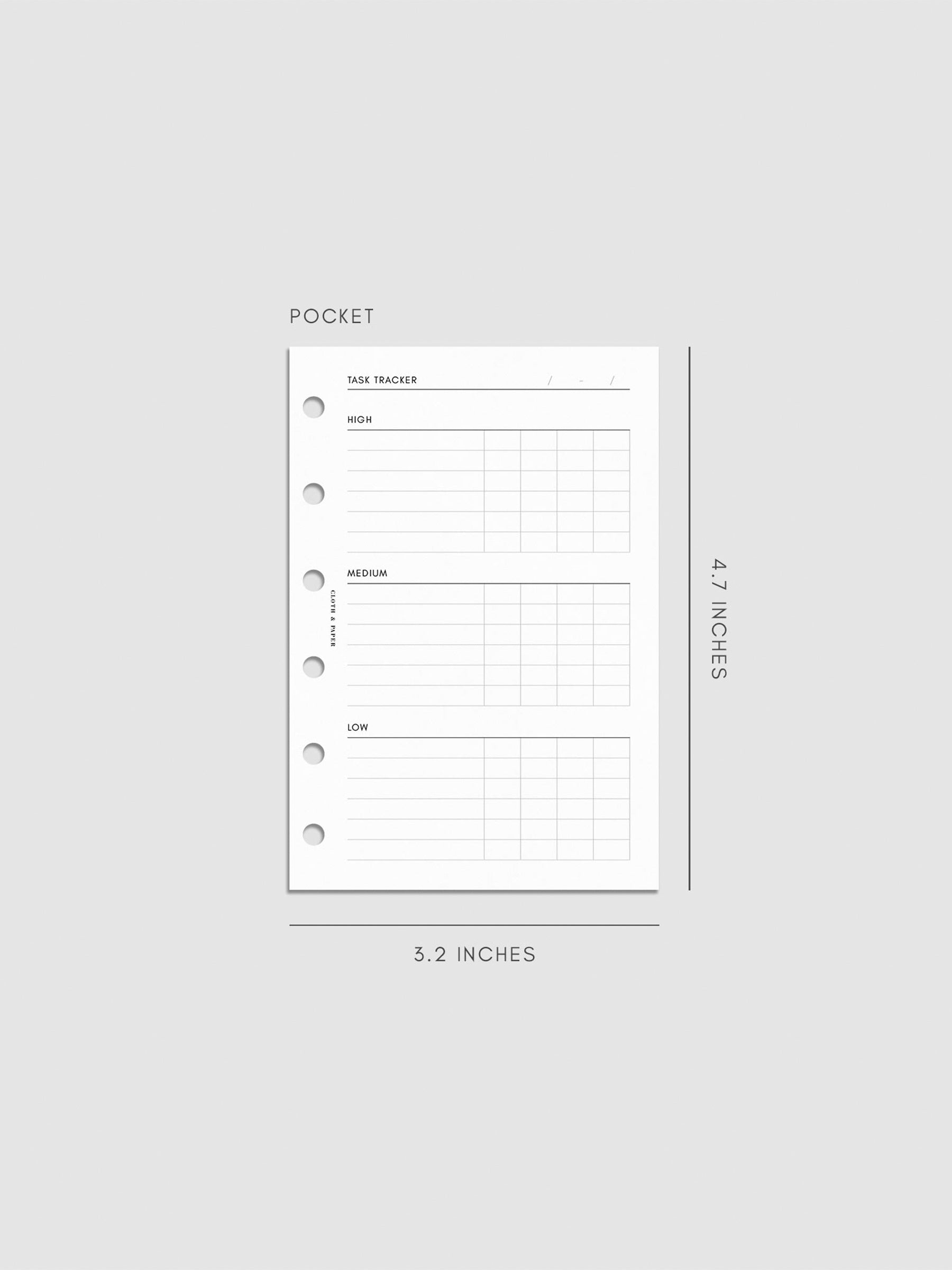 Digital mockup of the Kanban Task Tracker Planner Inserts showing sections for high, medium, and low priority tasks. Size shown is Pocket.