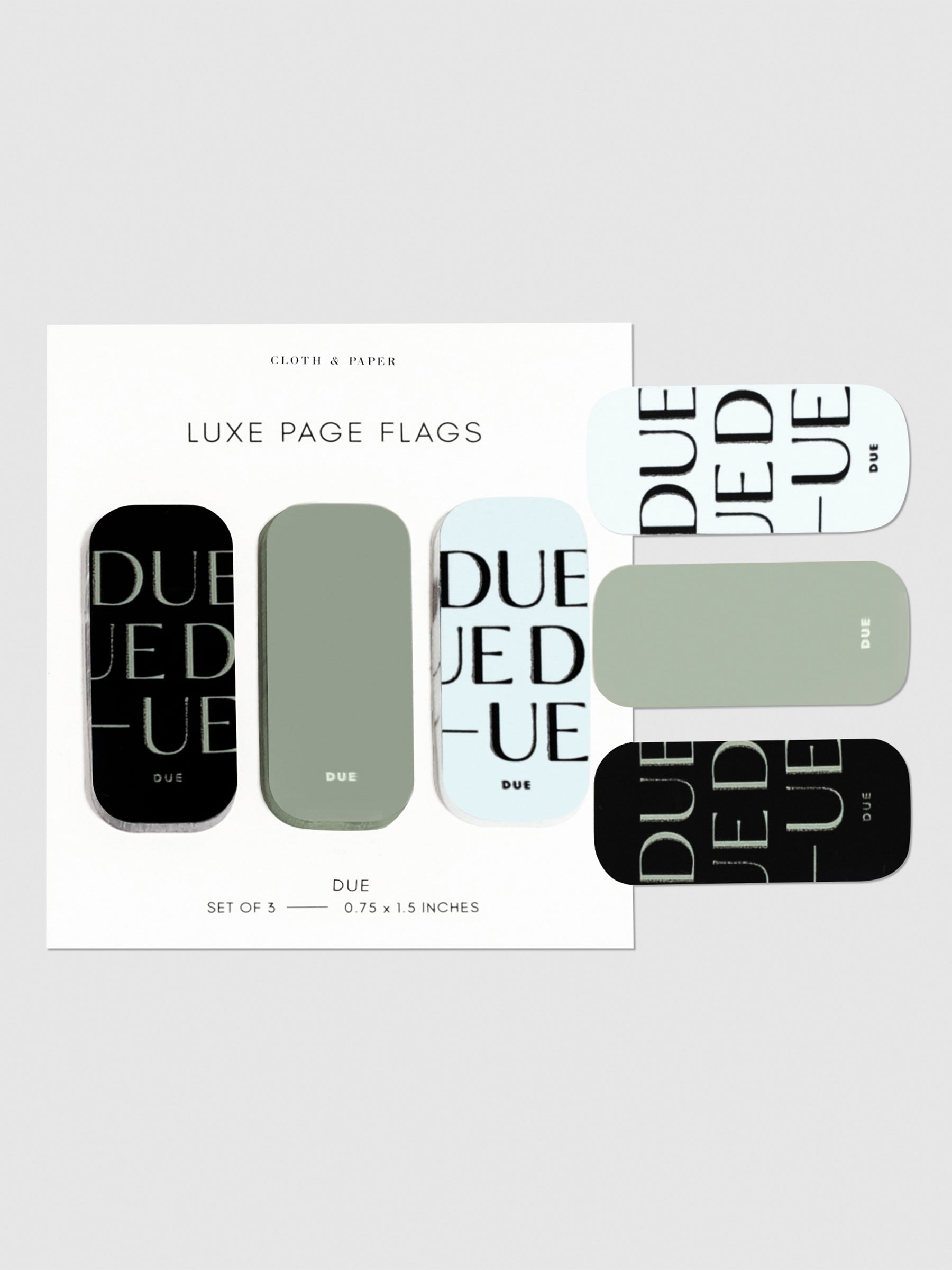 Due page flags on their backings on a neutral background. One of each flag is stuck to the right side of the backing.