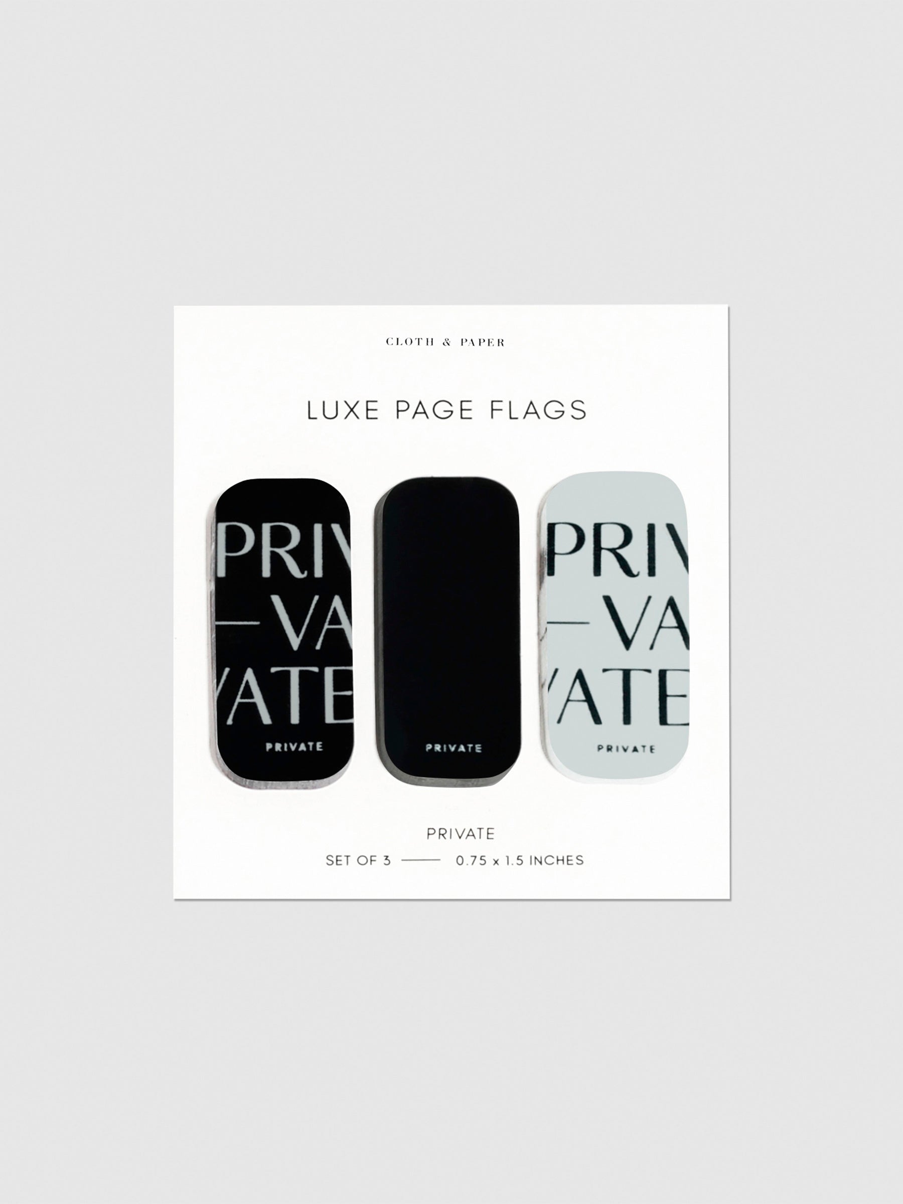 Luxe page flags on their backing on a neutral background. The text on the left and right flag read "Private" repeated multiple times.