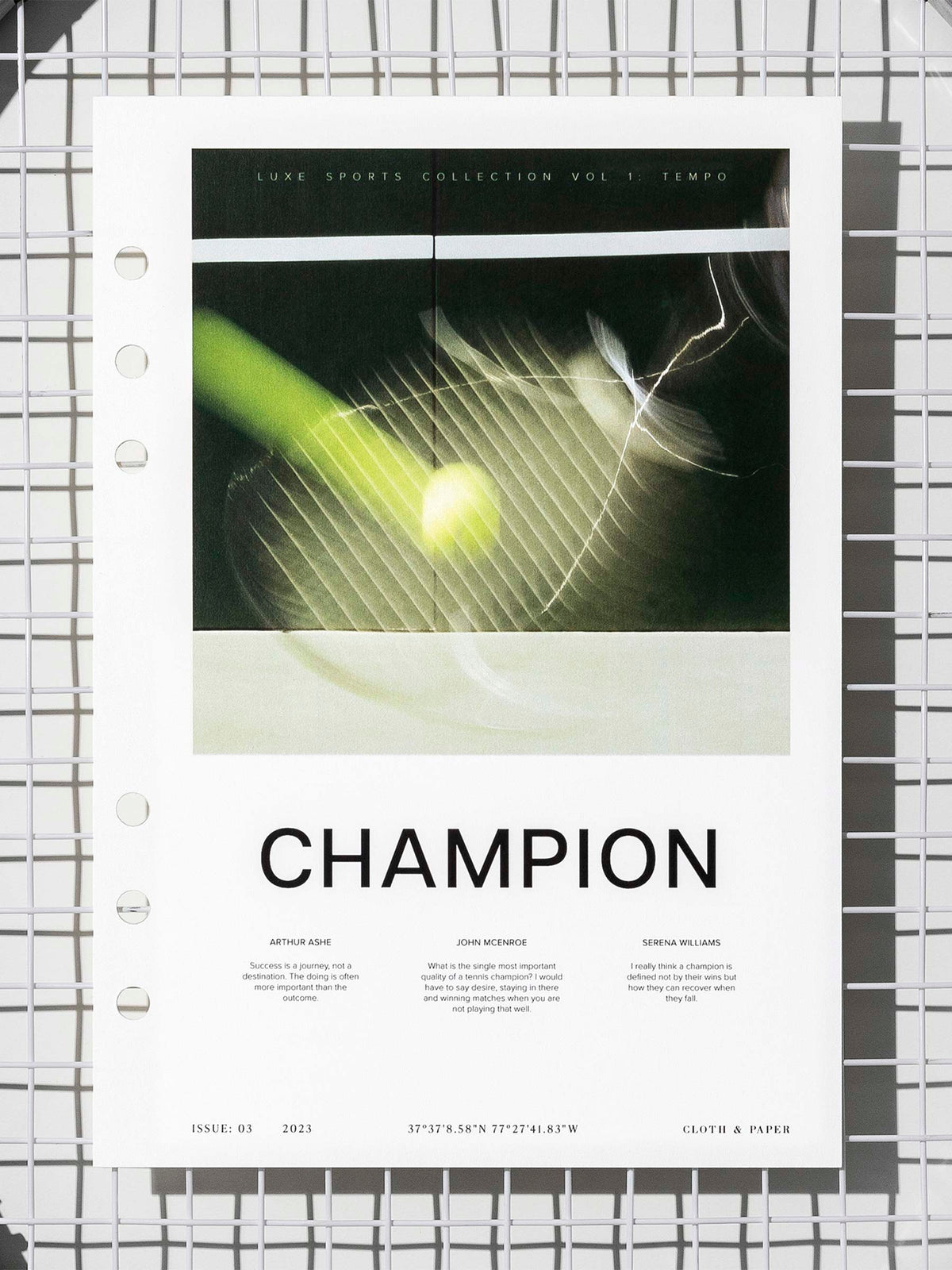 Champion  dashboard displayed on a tennis racket's netting. Size shown is  A5. 
