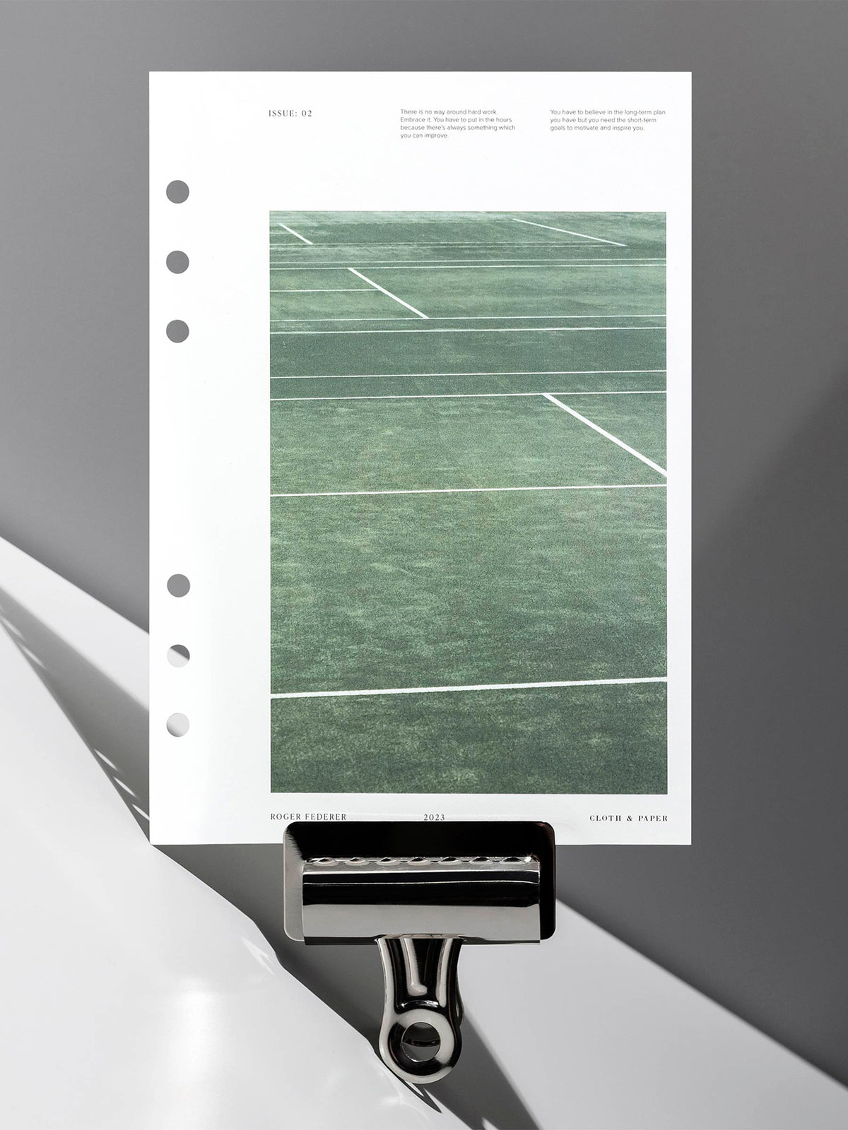 Full Court dashboard displayed with a clip on a neutral gray background. Size shown is A5. 